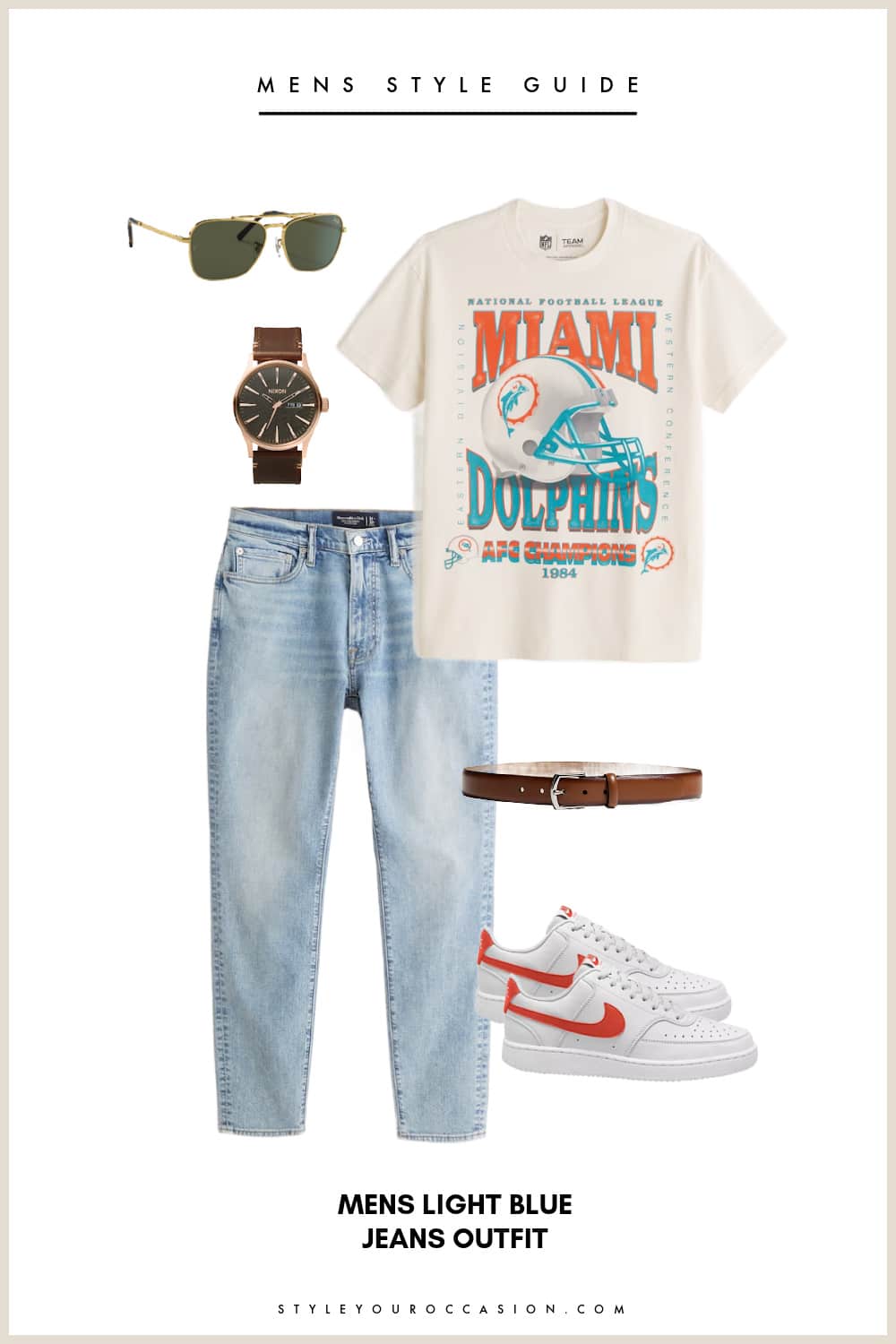 collage graphic of a mens outfit with a graphic t-shirt, light blue jeans, and orange and white Nike sneakers