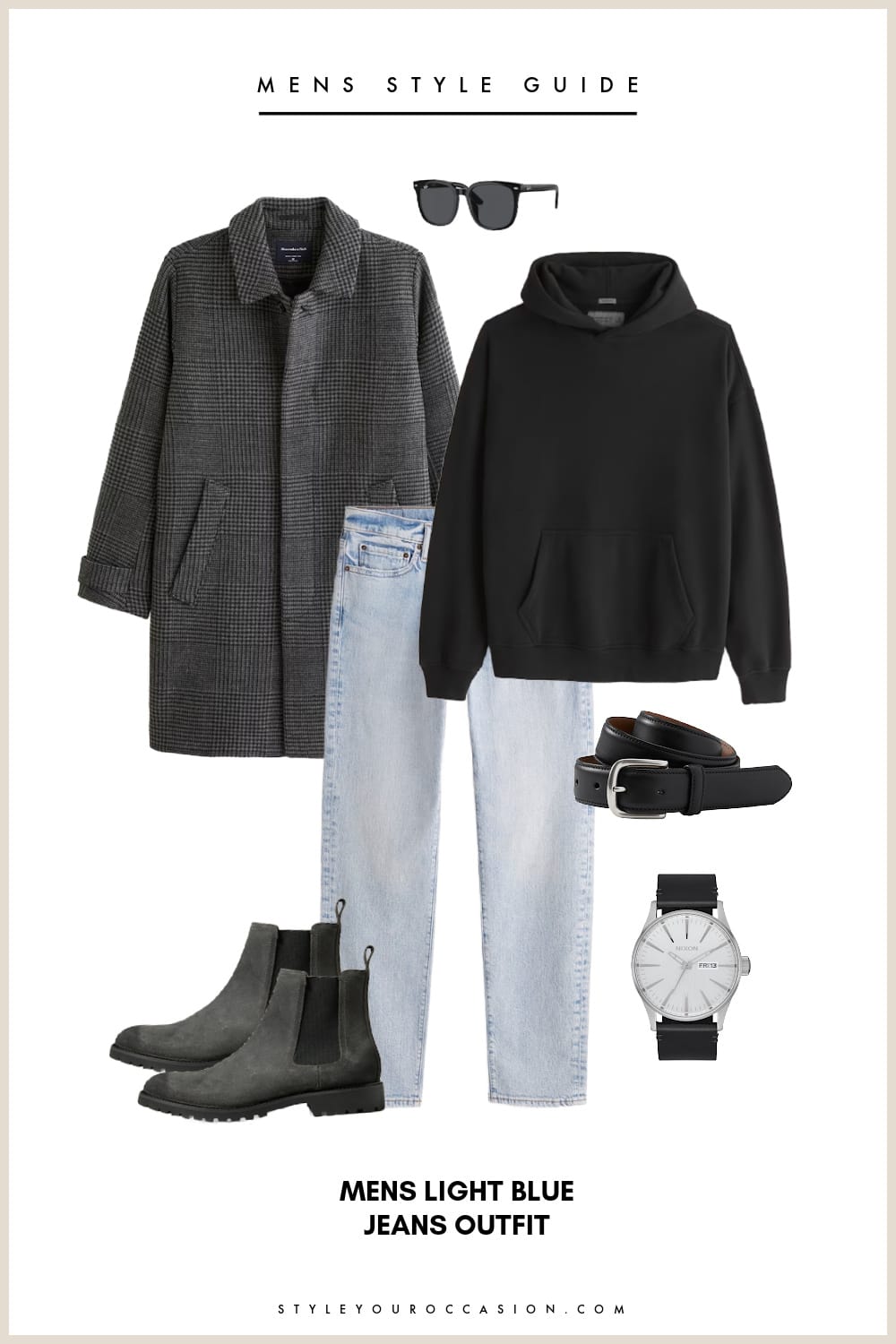 collage graphic of a mens outfit with black hoodie, dark grey wool coat, light blue jeans, and dark grey boots