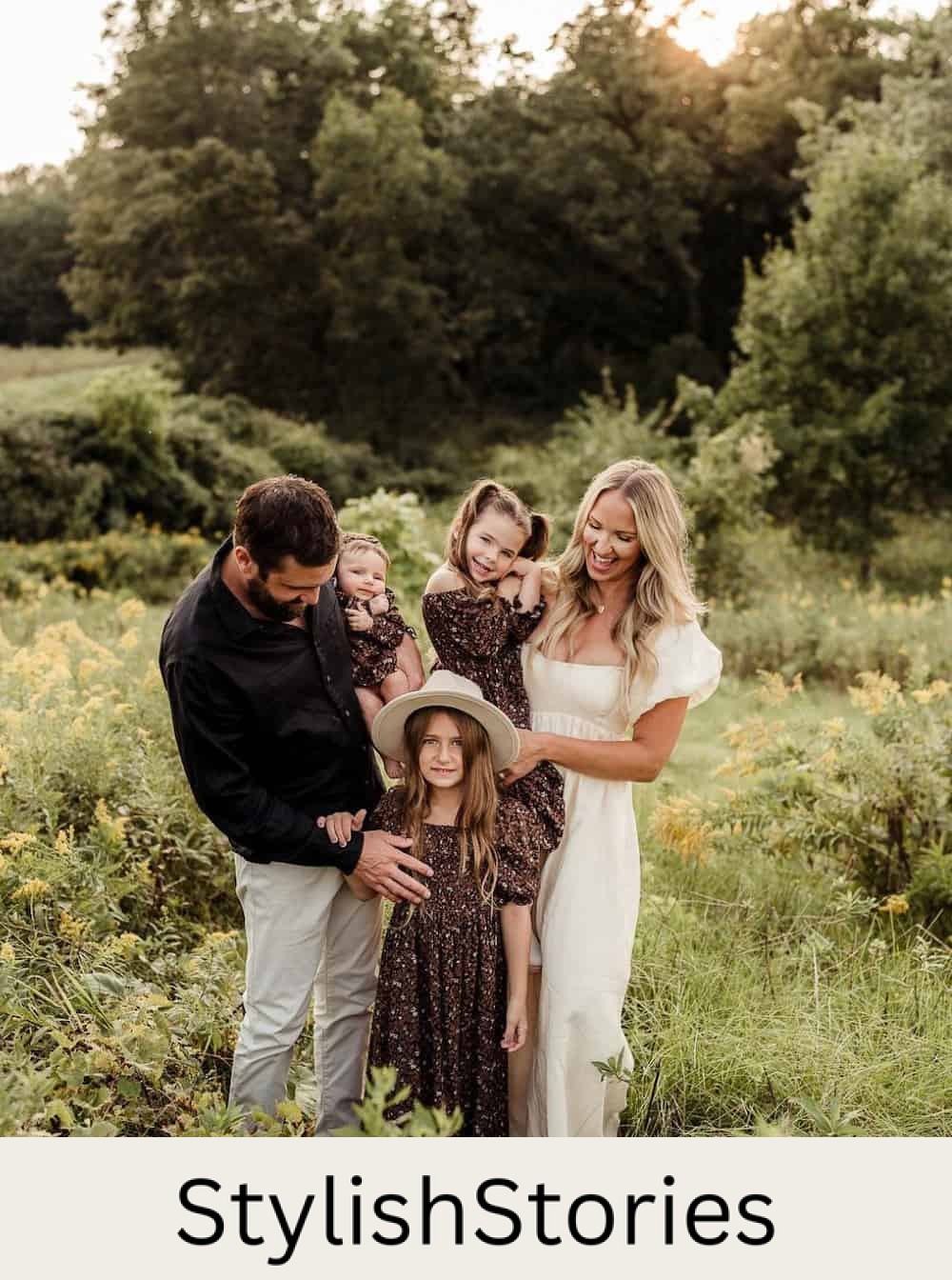 family photoshoot in the fall with the people wearing neutral colors and neutral floral dresses
