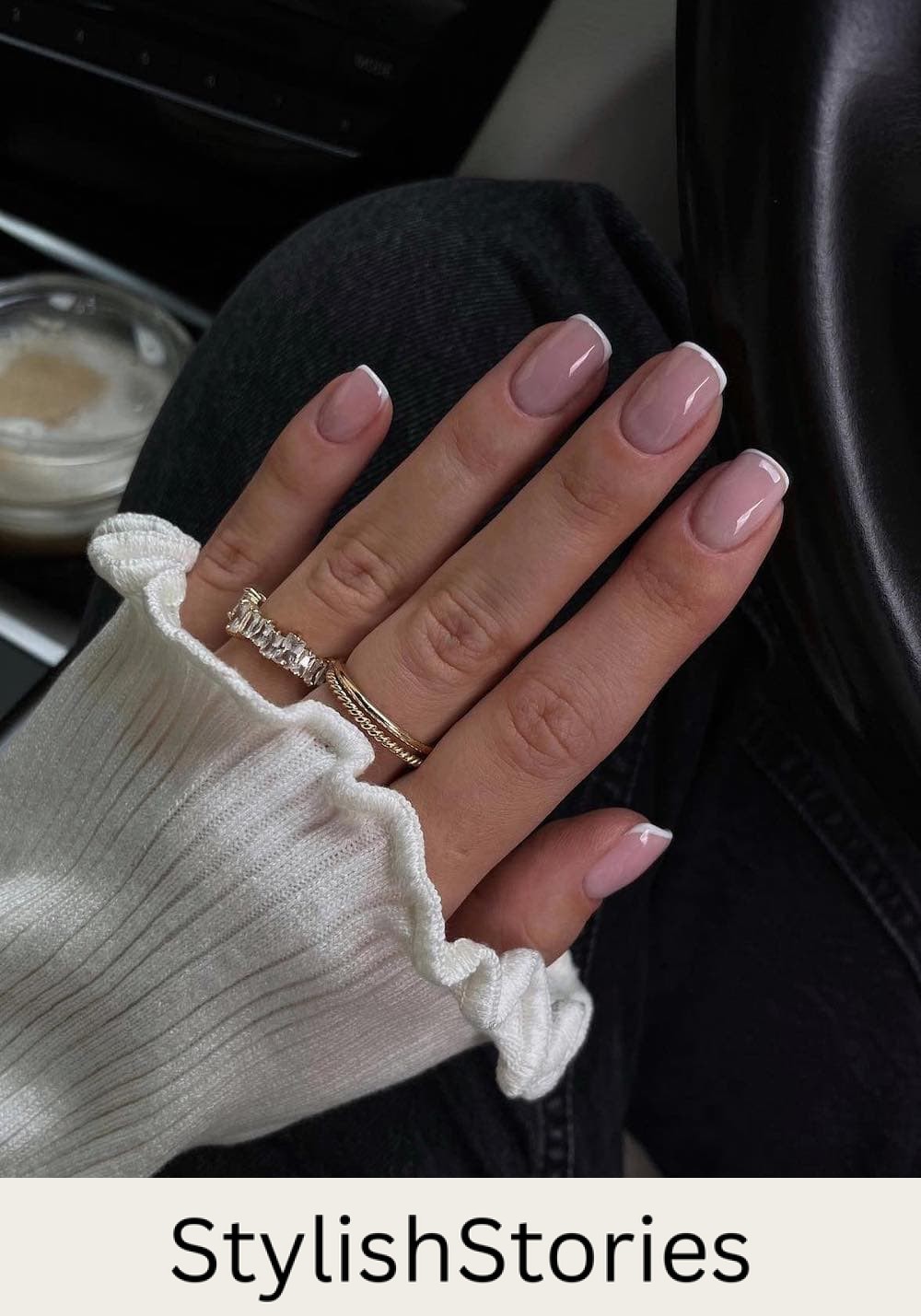 short nude square nails with white tips
