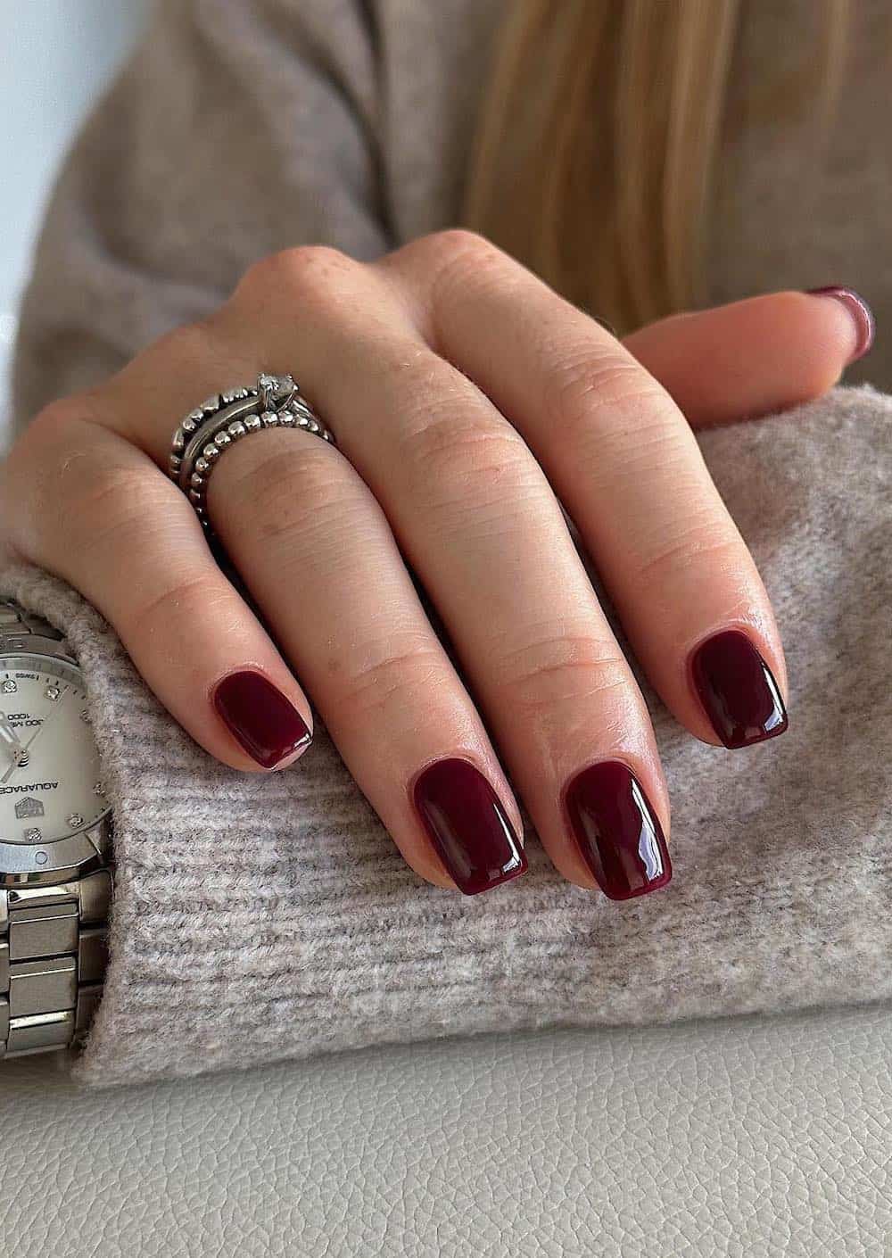 short square nails with wine red polish