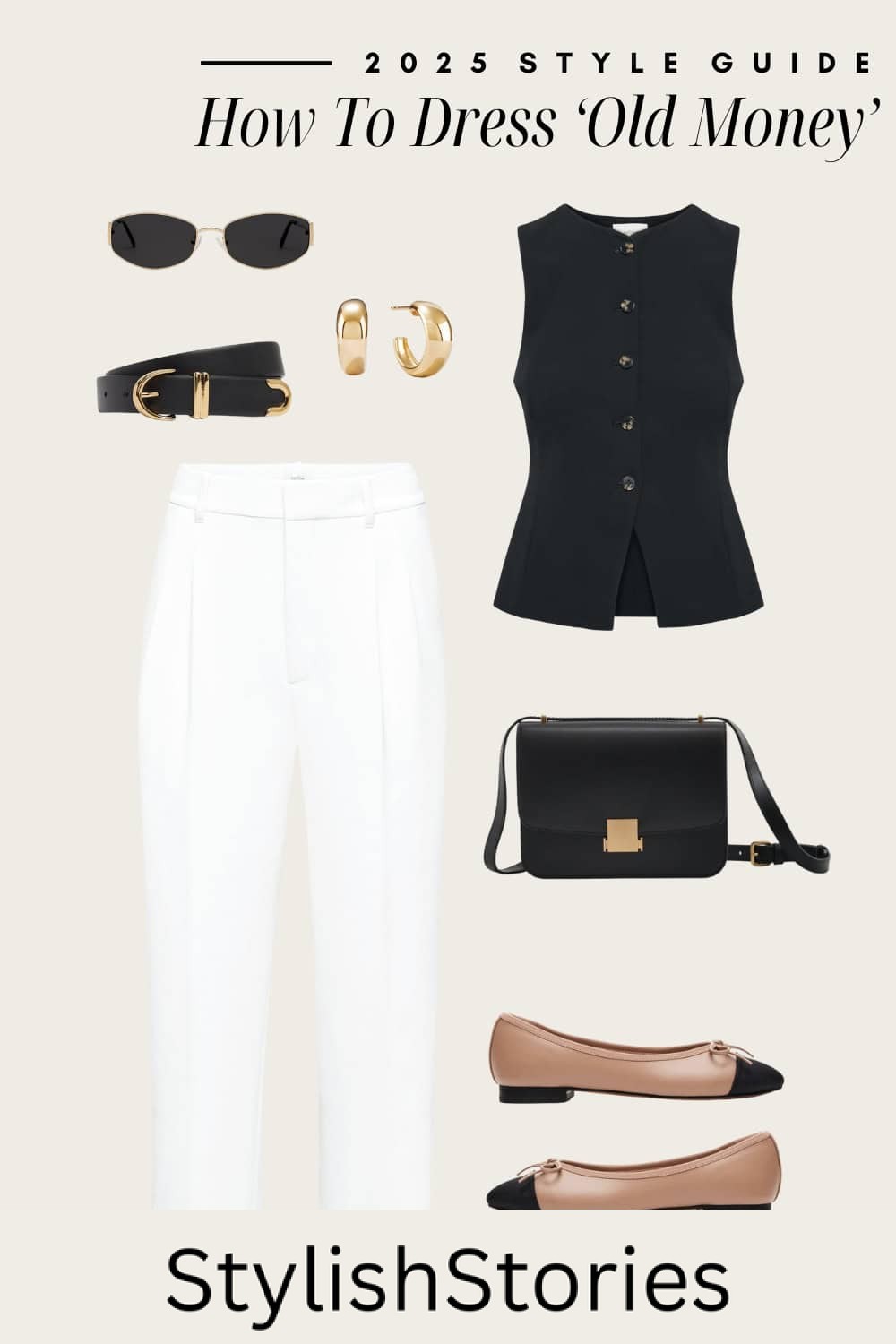 an image board of an old money outfit featuring white tailored pants, a black button-up vest, cap toe ballet flats, and leather and gold accessories