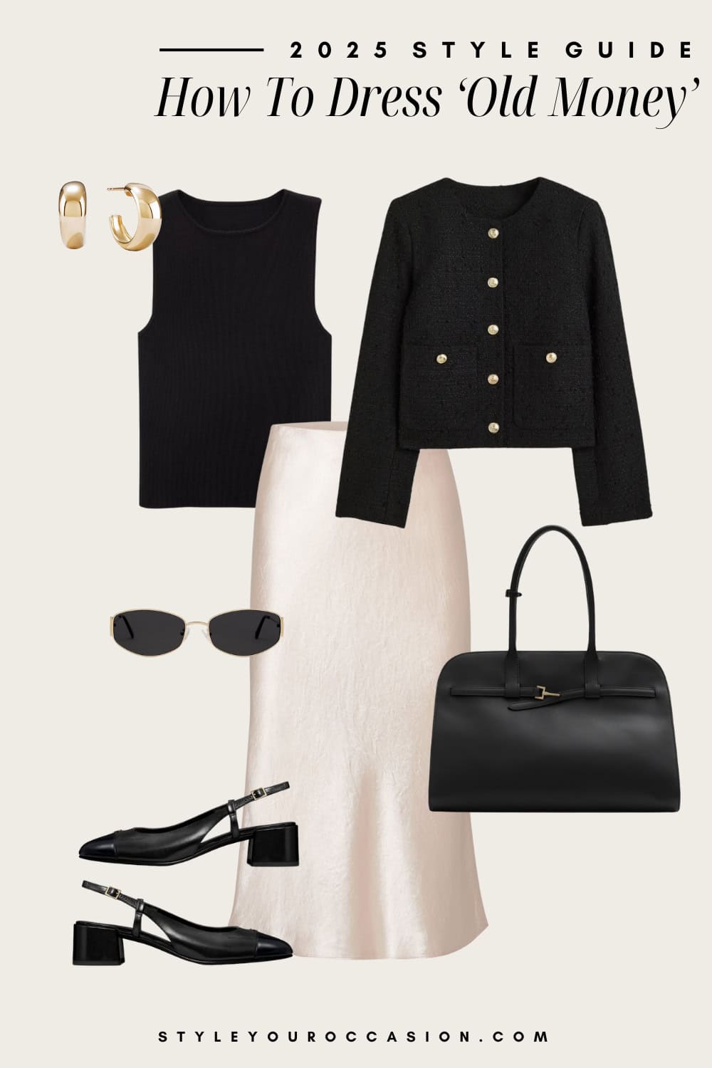 an image board of an old money outfit featuring a cream silk slip skirt, a black knit tank, a black jacket, black slingback heels, and black leather and gold accessories