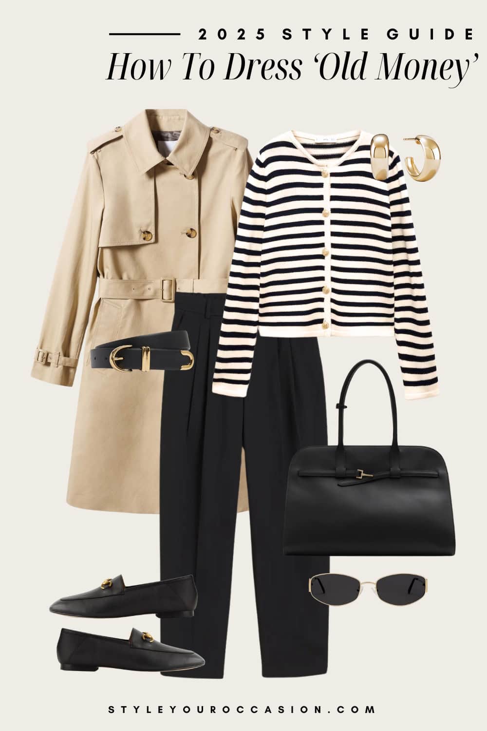 an image board of an old money outfit featuring black tailored trousers, a striped cardigan, a classic trench coat, black leather loafers, and black and gold accessories