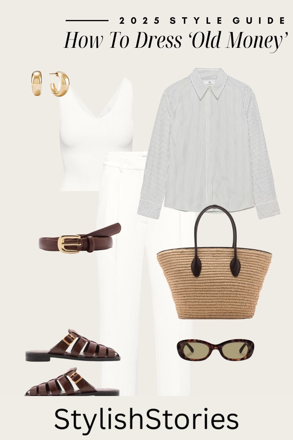 an image board of an old money outfit featuring white tailored pants, a white tank top, a striped button up, strappy camel sandals and leather belt, and boho accessories