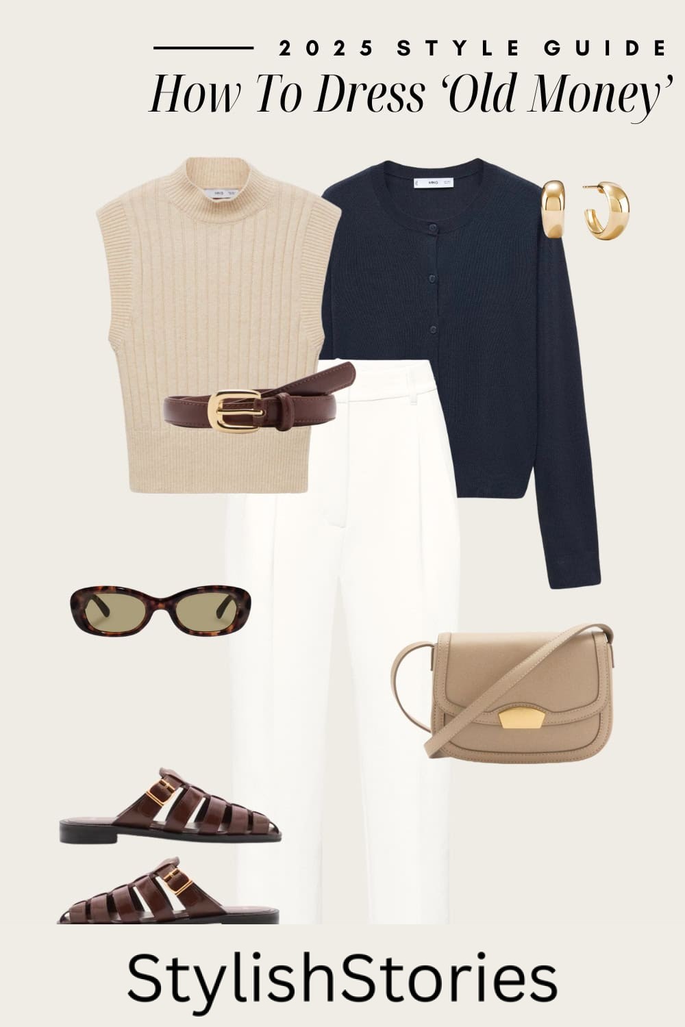 an image board of an old money outfit featuring white tailored pants, a beige knit tank top, a navy cardigan, and leather and gold accessories