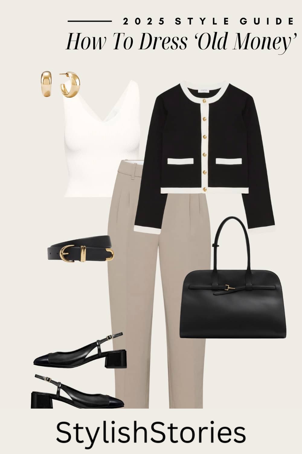 an image board of an old money outfit featuring beige tailored pants, a white tank, a white and black coat, black slingback heels, and black and gold accessories