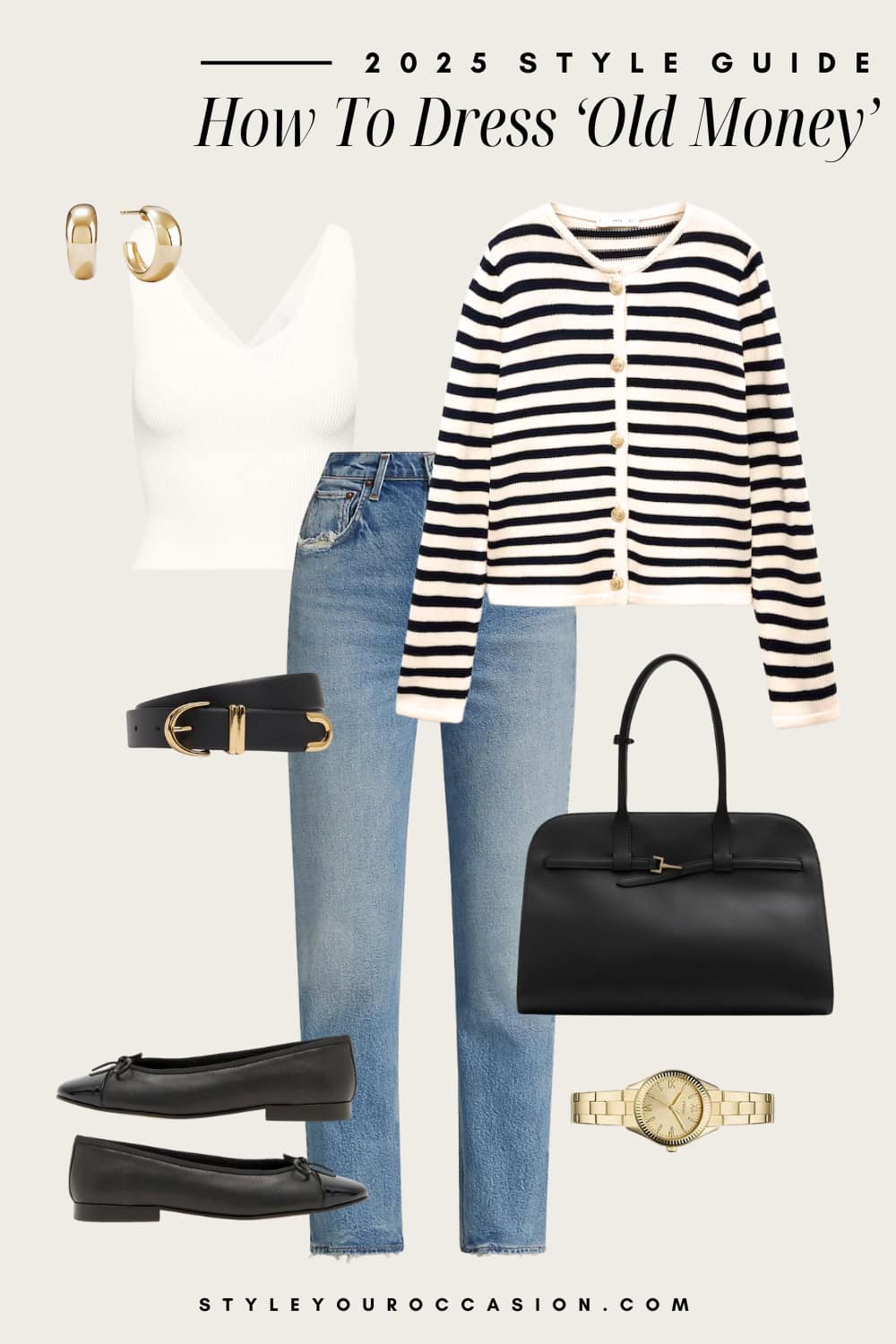 an image board of an old money outfit featuring blue straight jeans, a white tank, a striped white and black cardigan, and black leather and gold accessories