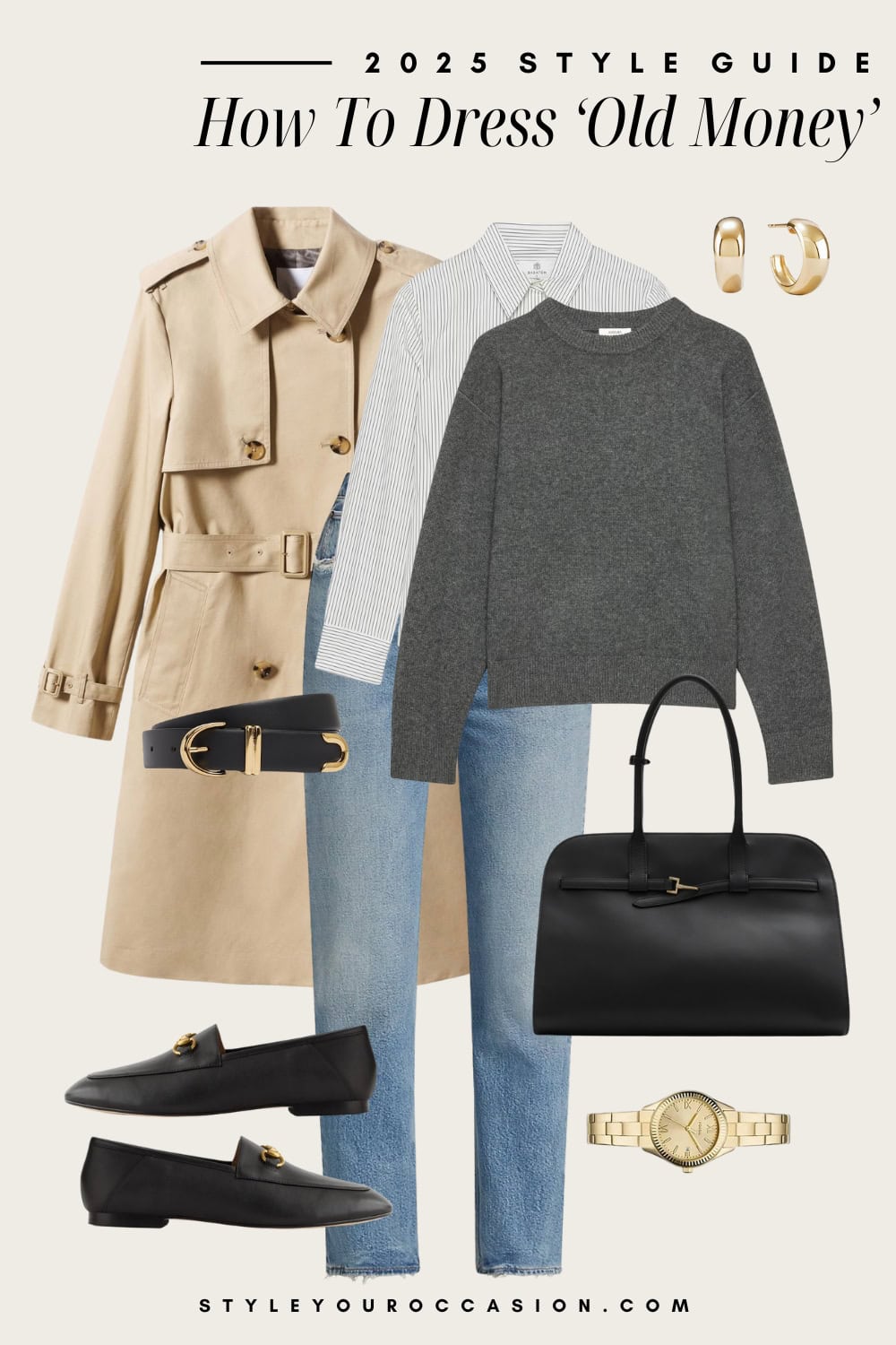 an image board of an old money outfit featuring blue straight jeans, a striped button up, a grey sweater, a classic trench coat, black loafers, and black and gold accessories