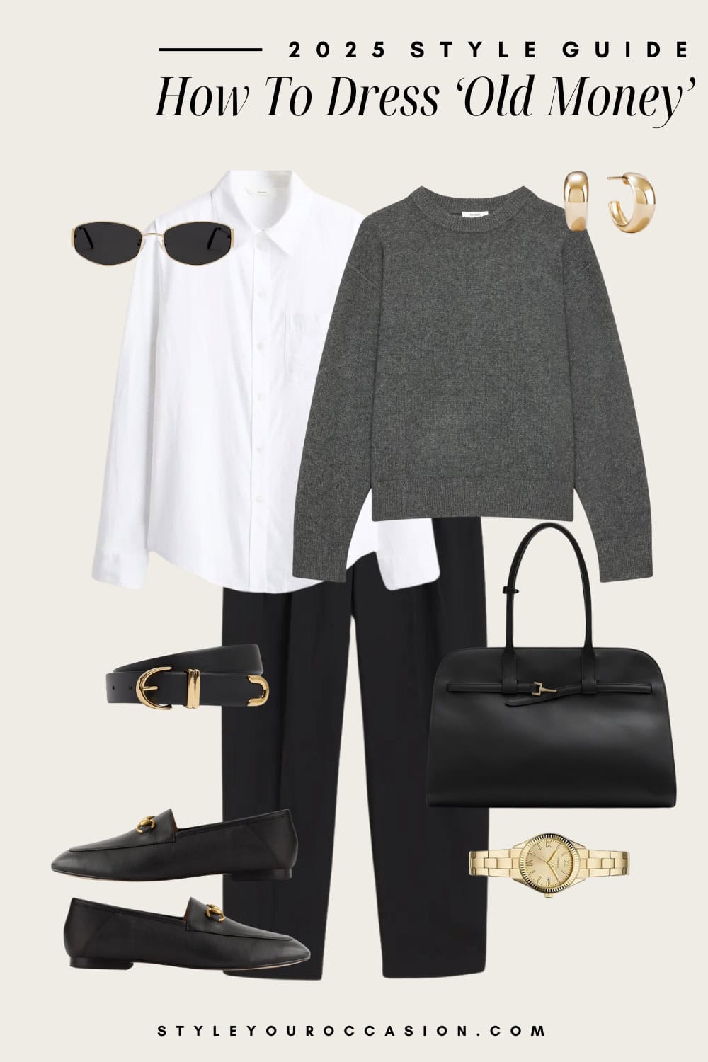 an image board of an old money outfit featuring black trousers, a white button up, a grey sweater, black loafers, and black and gold accessories