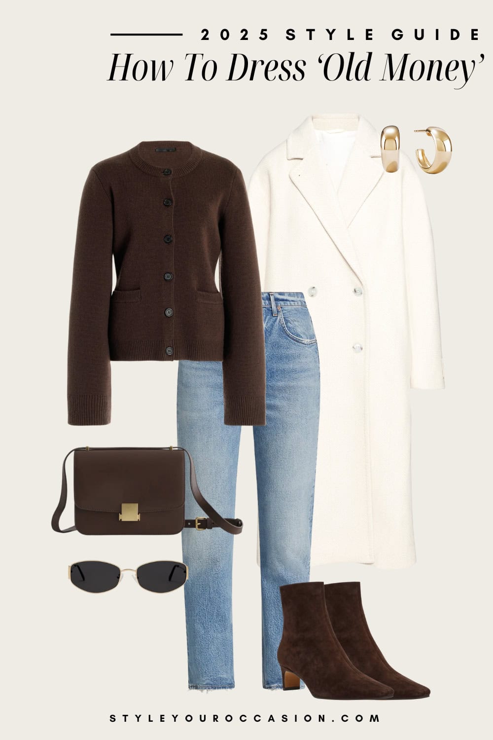 an image board of an old money outfit featuring blue straight jeans, a brown cardigan, a long white coat, brown suede boots, and brown leather and gold accessories