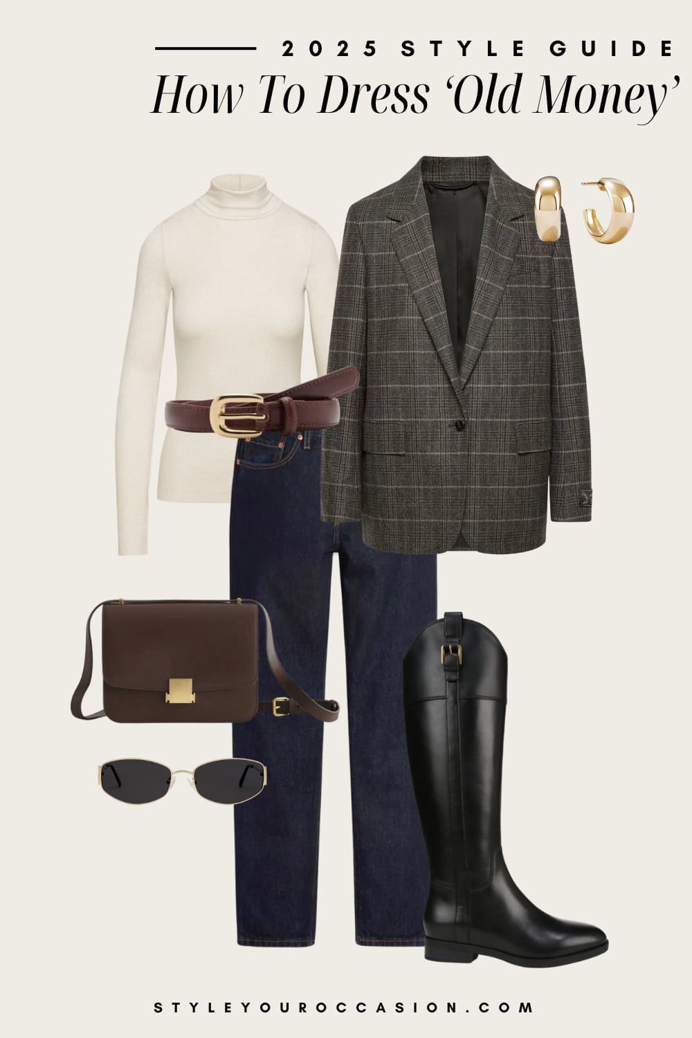 an image board of an old money outfit featuring dark blue jeans, a white turtleneck sweater, an oversized plaid blazer, and leather and gold accessories