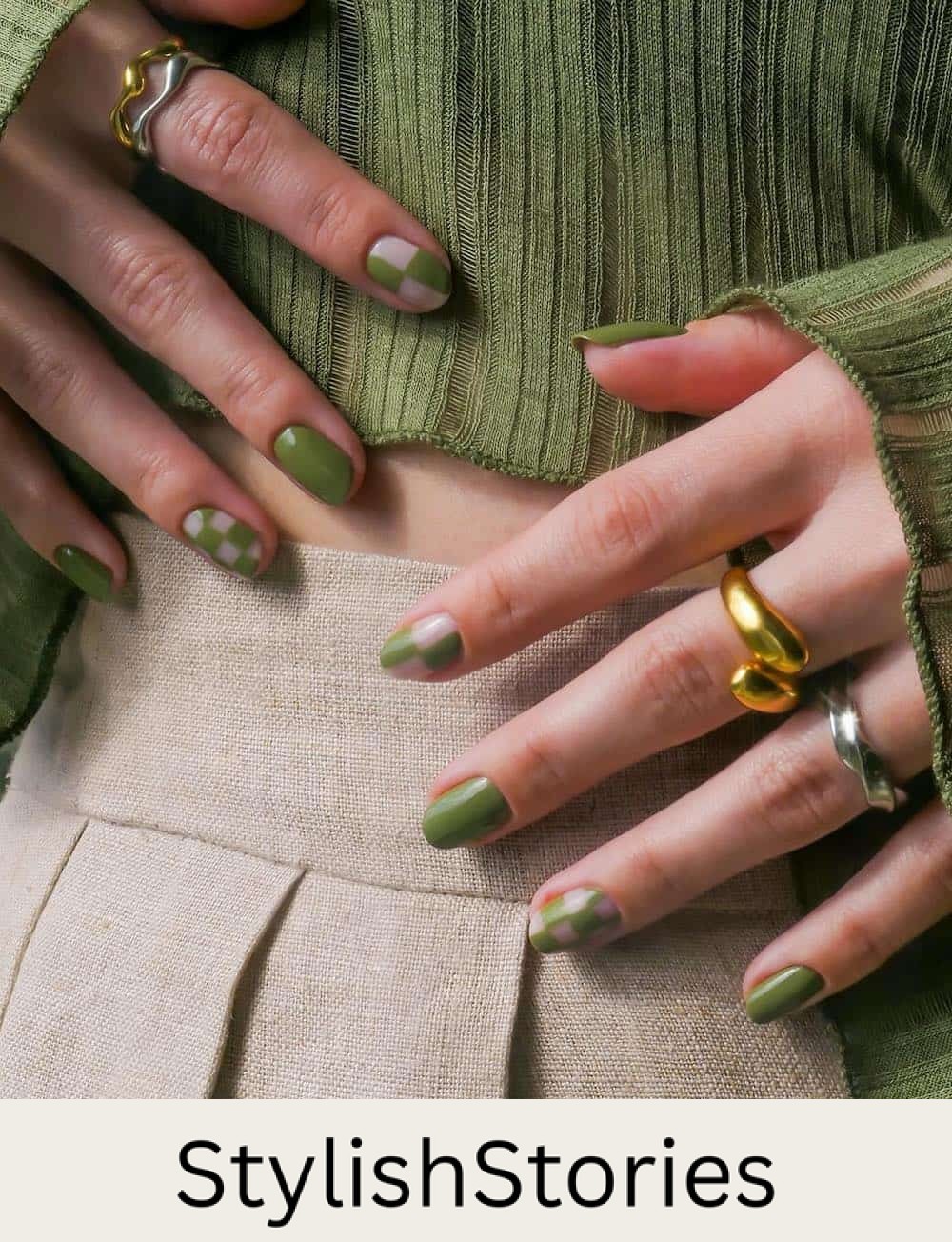 image of two hands with olive green nail designs