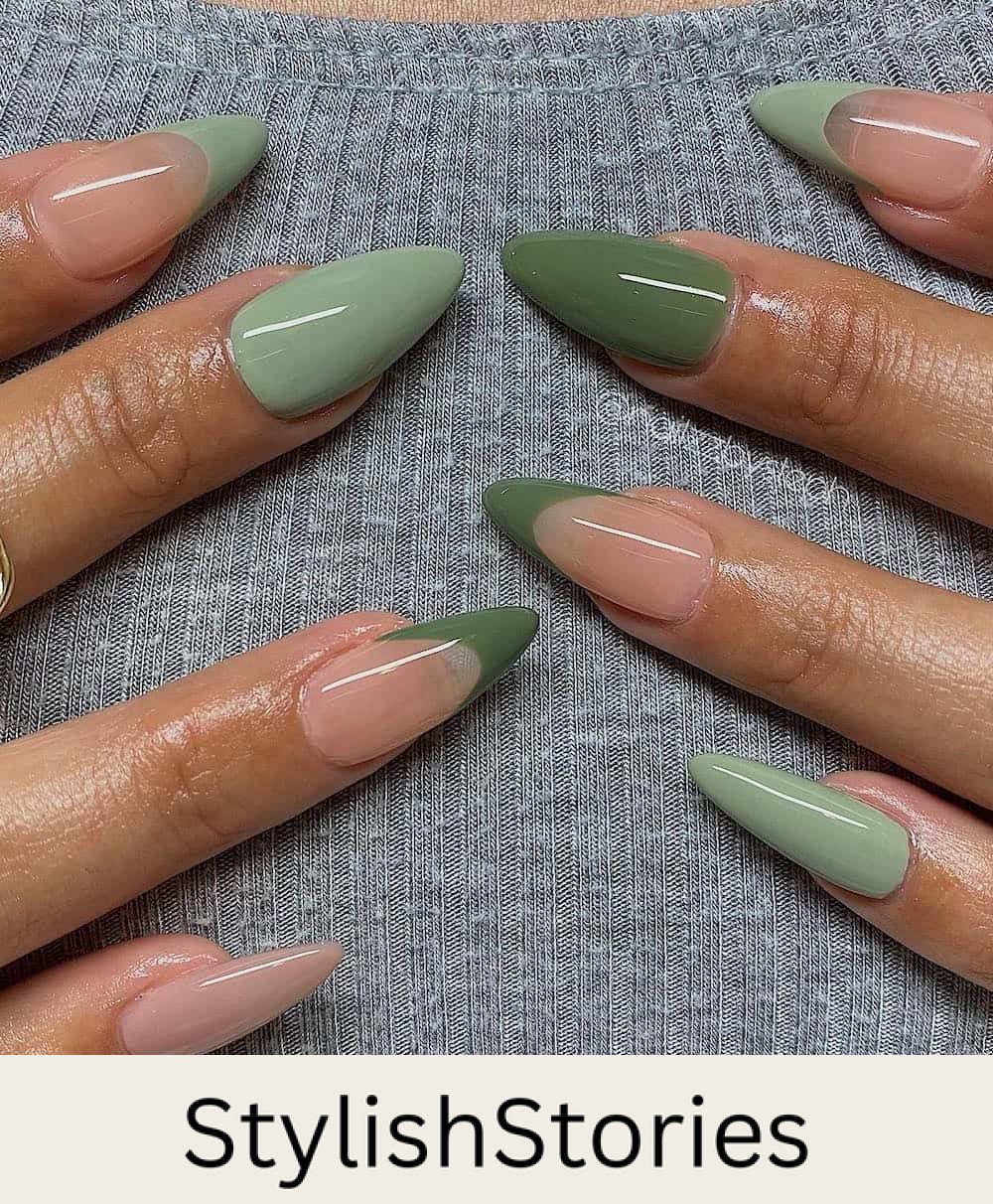 image of a hand with sage green and olive green nails