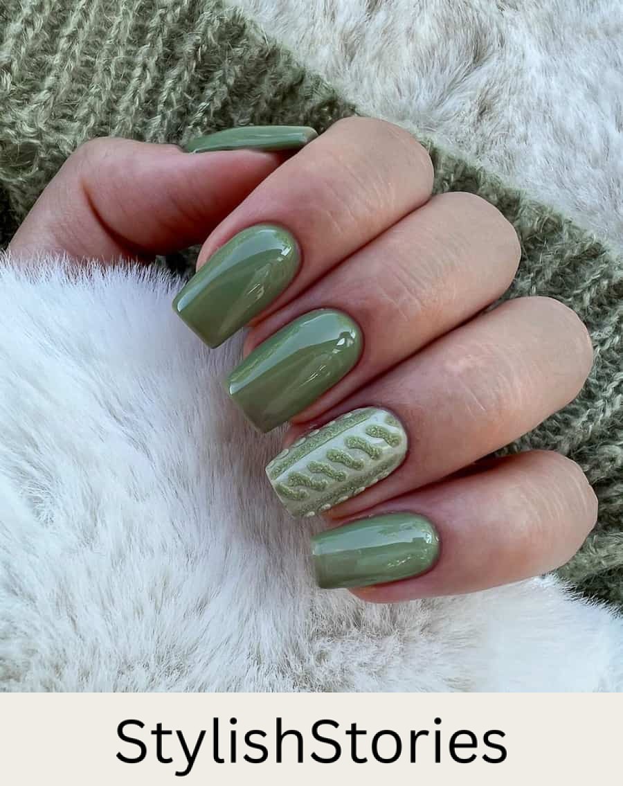 hand with short coffin nails with olive green coloring