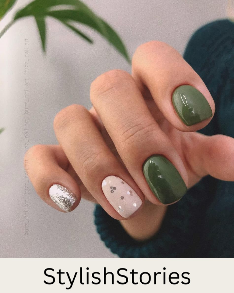 hand with short natural nails with dark olive green and silver accents