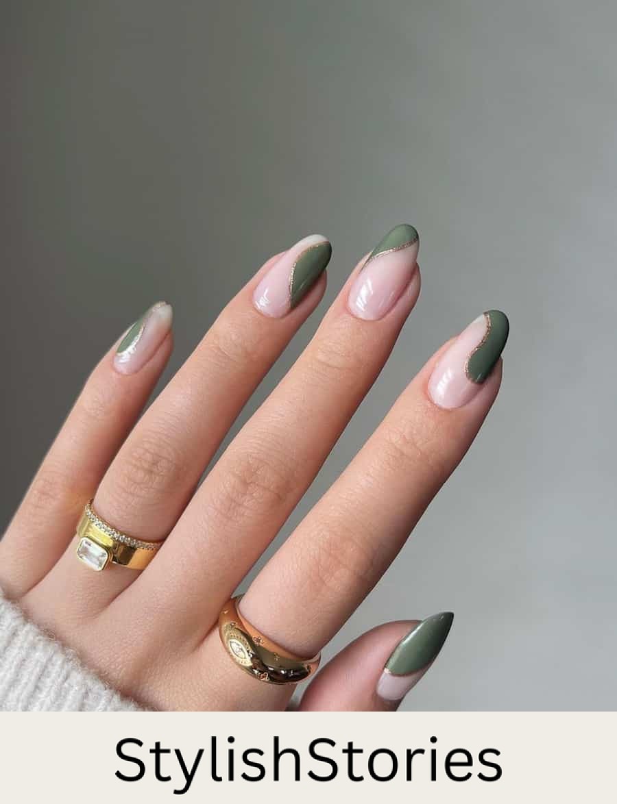 hand with nails that have nude and olive green accents
