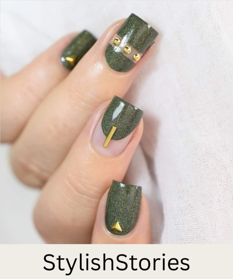 hand with short square nails with olive polish and gold accents