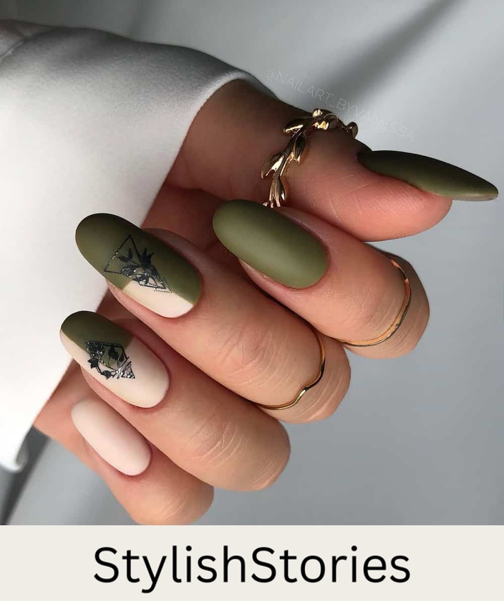 hand with long almond nails painted in matte olive green with neutral accents