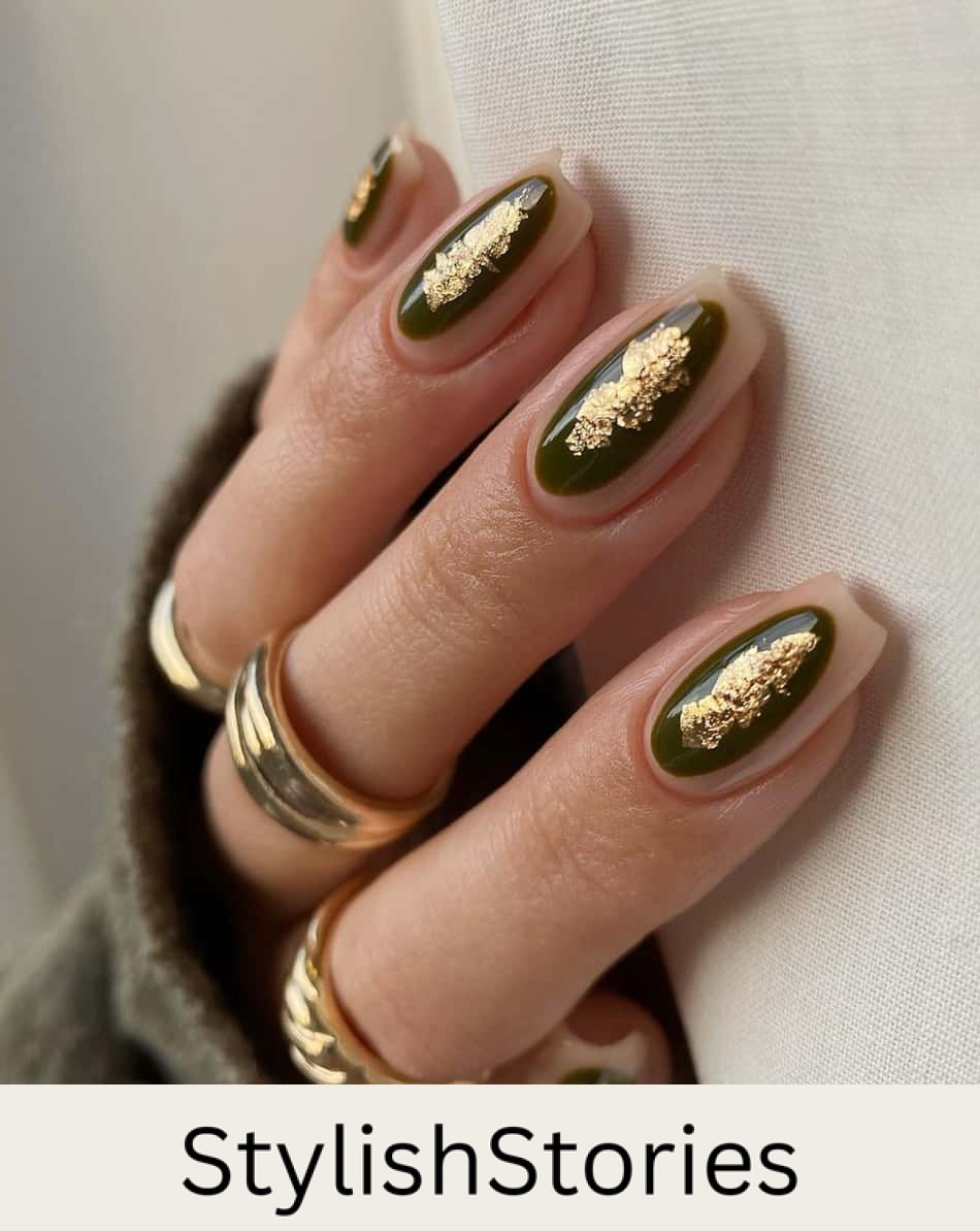 hand with shot coffin nails with olive green ovals and gold foil accents
