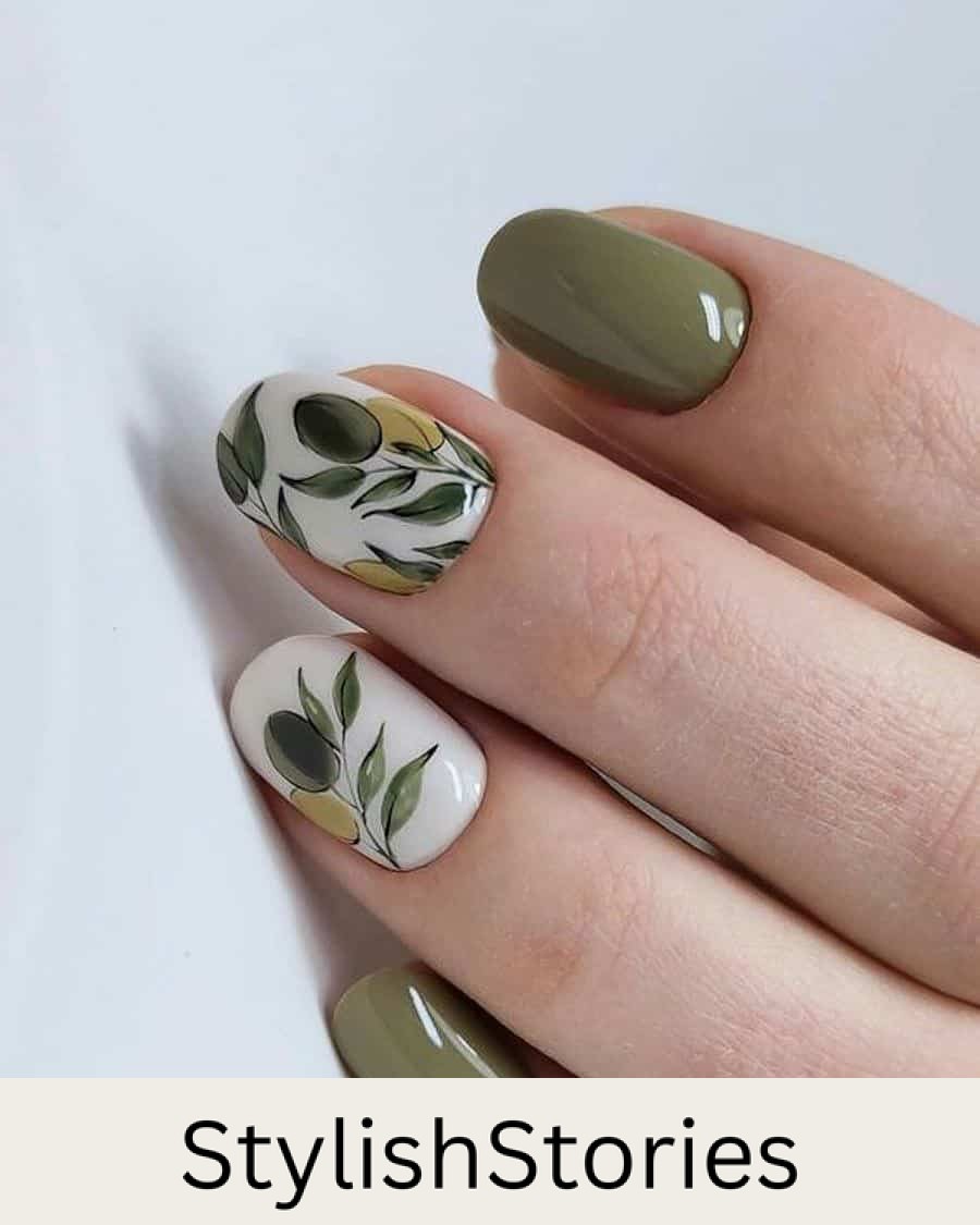 hand with short round nails with olive green polish and painted olive tree branch designs