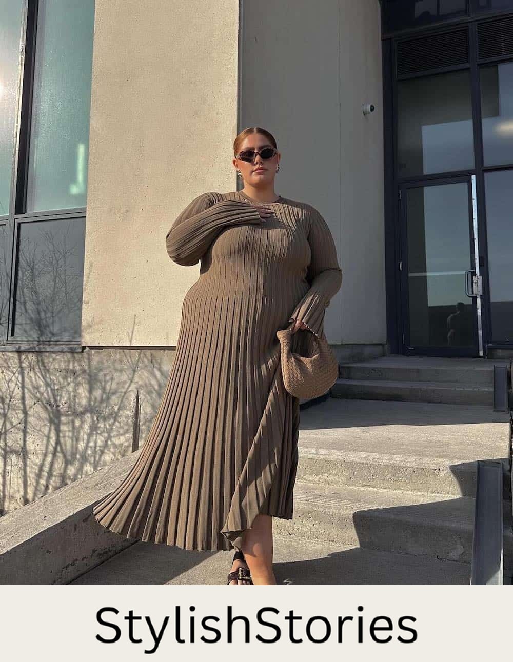 a woman wearing a beige midi sweater dress and brown buckled sandals