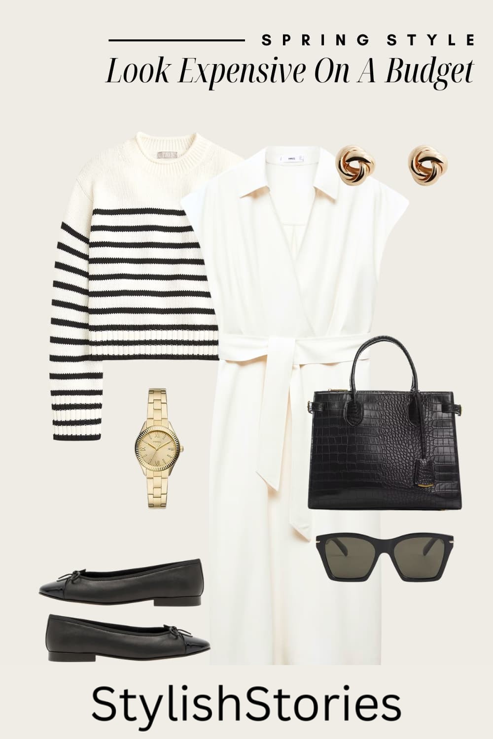Outfit graphic of a midi white shirtdress, a black and white stripped cardigan, black ballet flats and black and gold accessories.