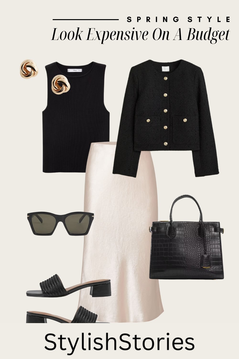 Outfit graphic of a champagne colored slip skirt, a black tank top, a black cardigan, black block heels, and black accessories.