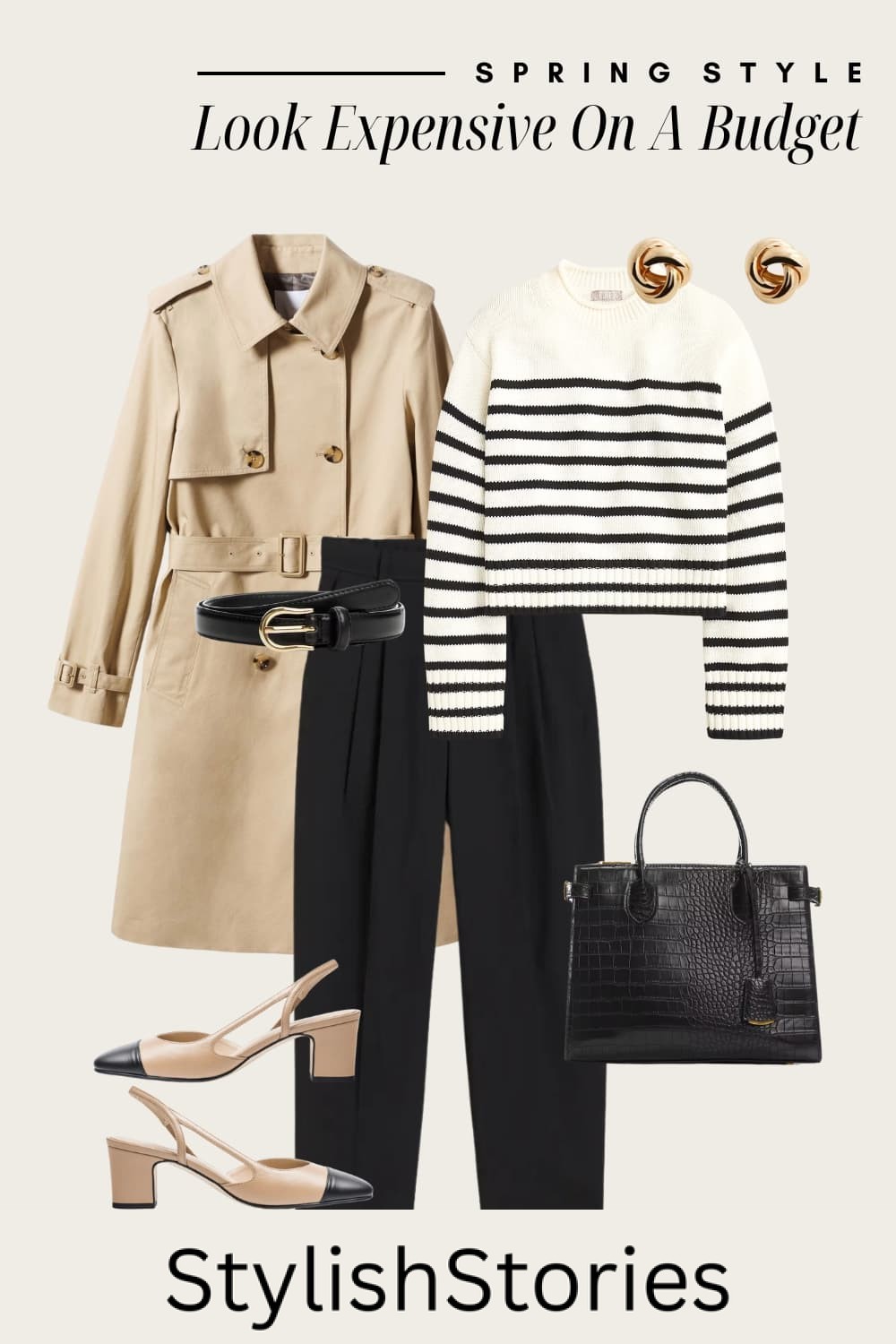 Outfit graphic of black trousers, a black and white stripped sweater, black and tan Mary Jane heels, a tan trench coat and black accessories.