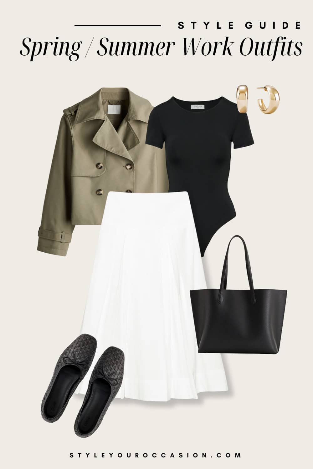Flat lay outfit graphic of a white skirt, a black bodysuit, a cropped coat and black flats.