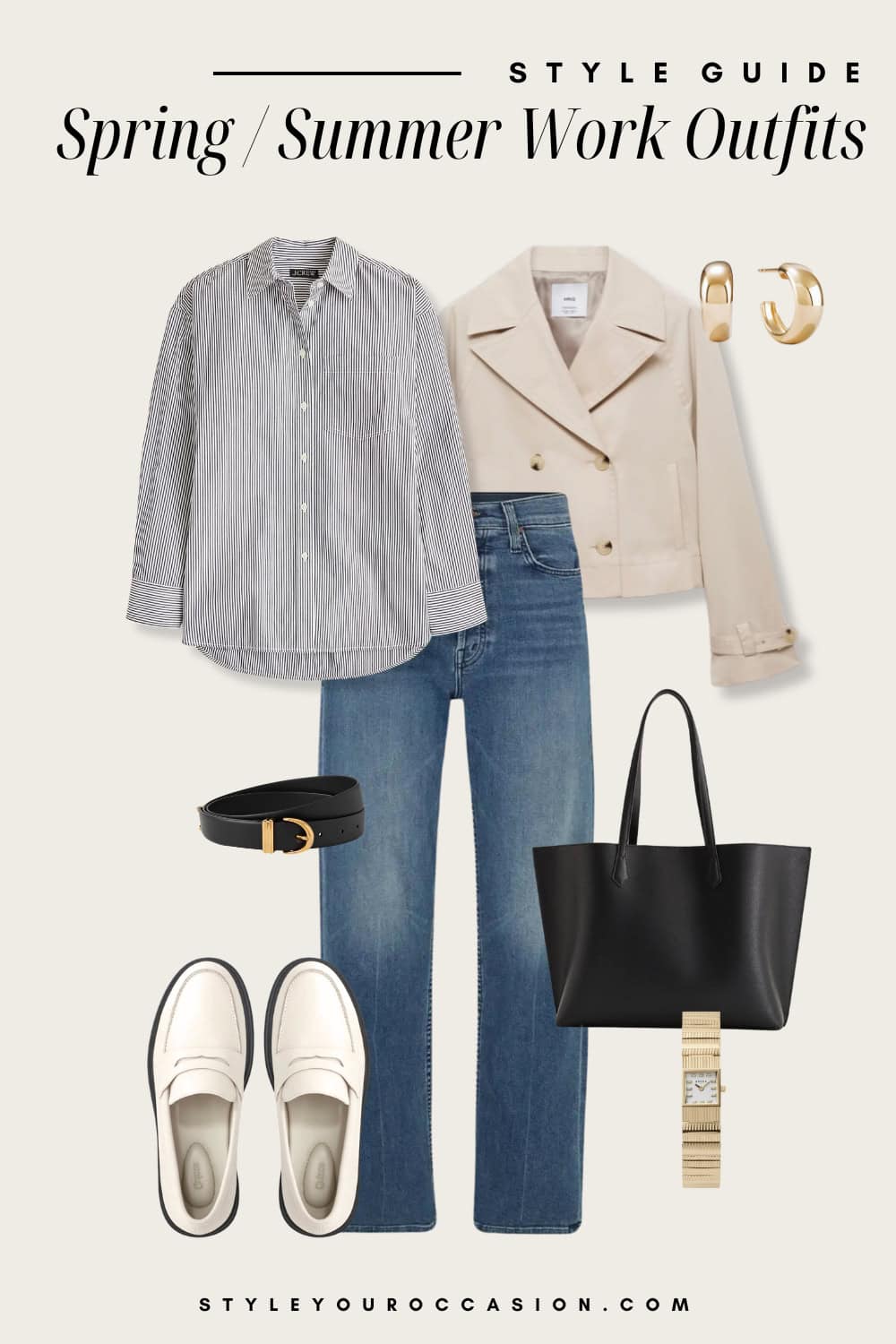 Flat lay outfit graphic of jeans, a button down, loafers and a cropped jacket.
