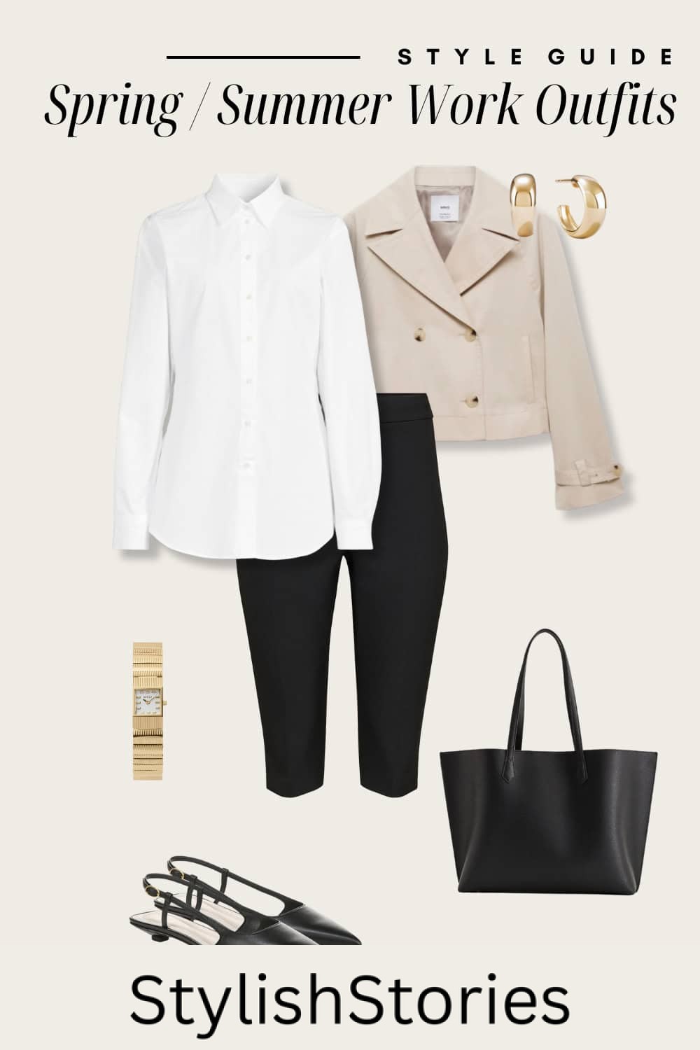 Flat lay outfit graphic of capris, a white button down, a cropped jacket and pointed toe kitten heels.