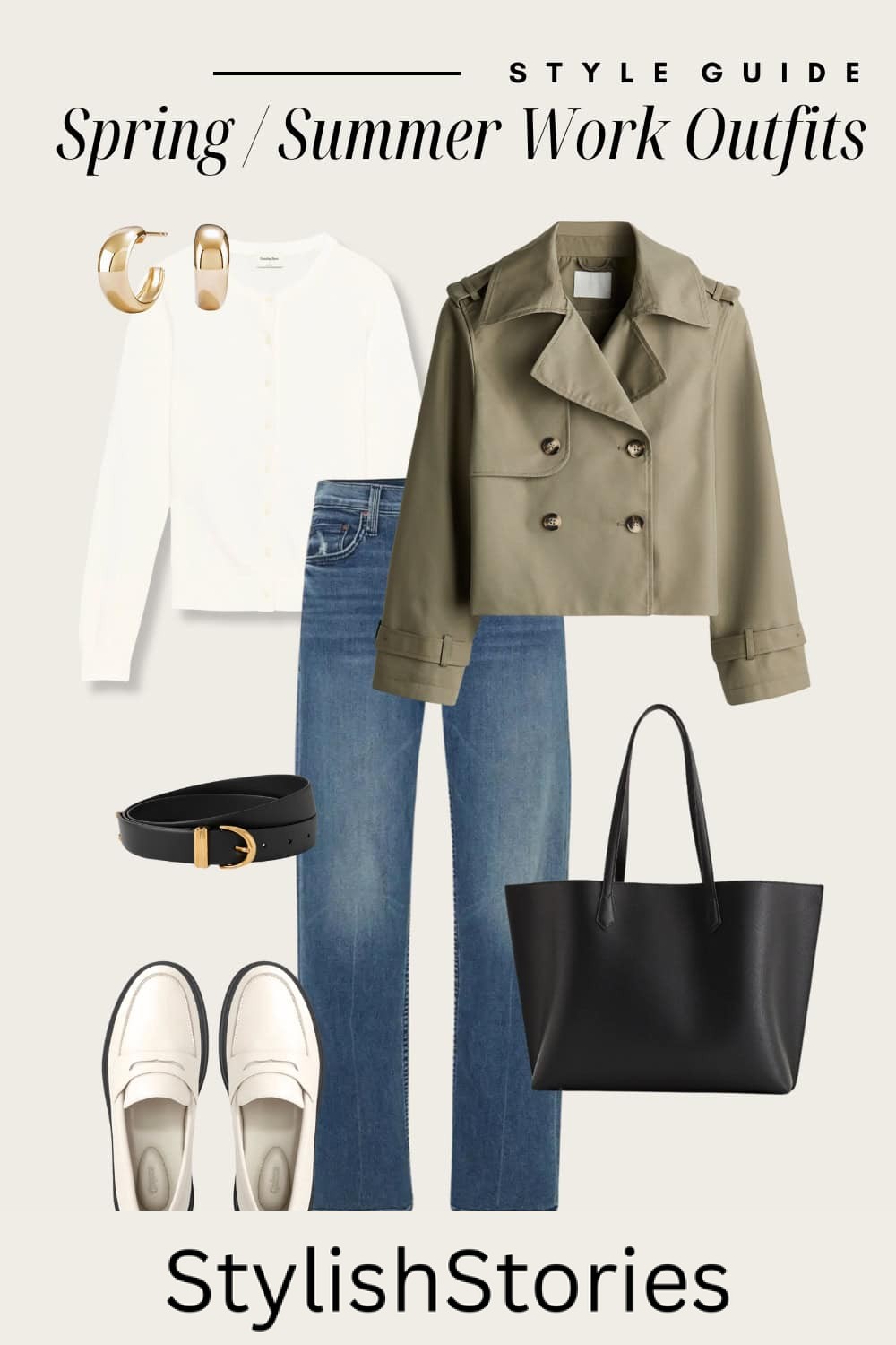 Flat lay outfit graphic of jeans, a white cardigan, a cropped coat and loafers.