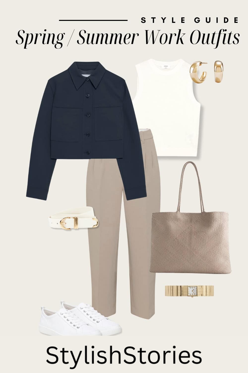 Flat lay outfit graphic of trousers, a white tank, a cropped jacket and sneakers.