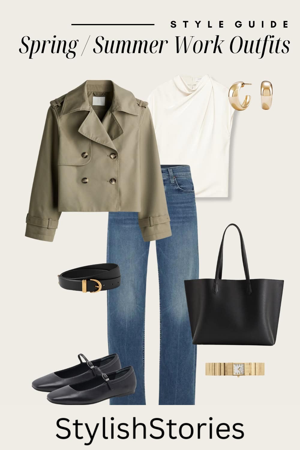 Flat lay outfit graphic of jeans, a white blouse, a cropped jacket and Mary Jane shoes.