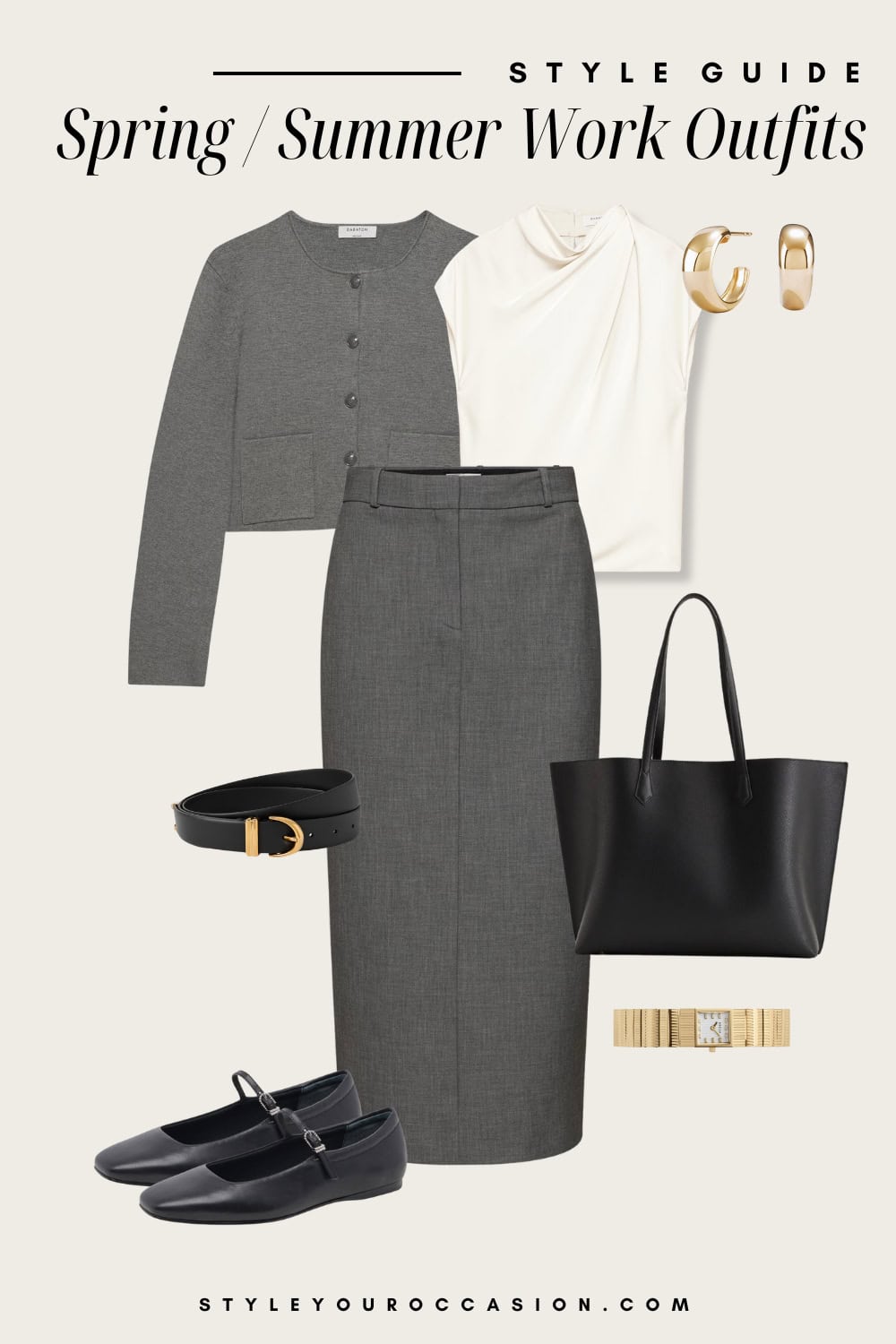 Flat lay outfit graphic of a skirt, blouse, cardigan and black Mary Jane shoes.