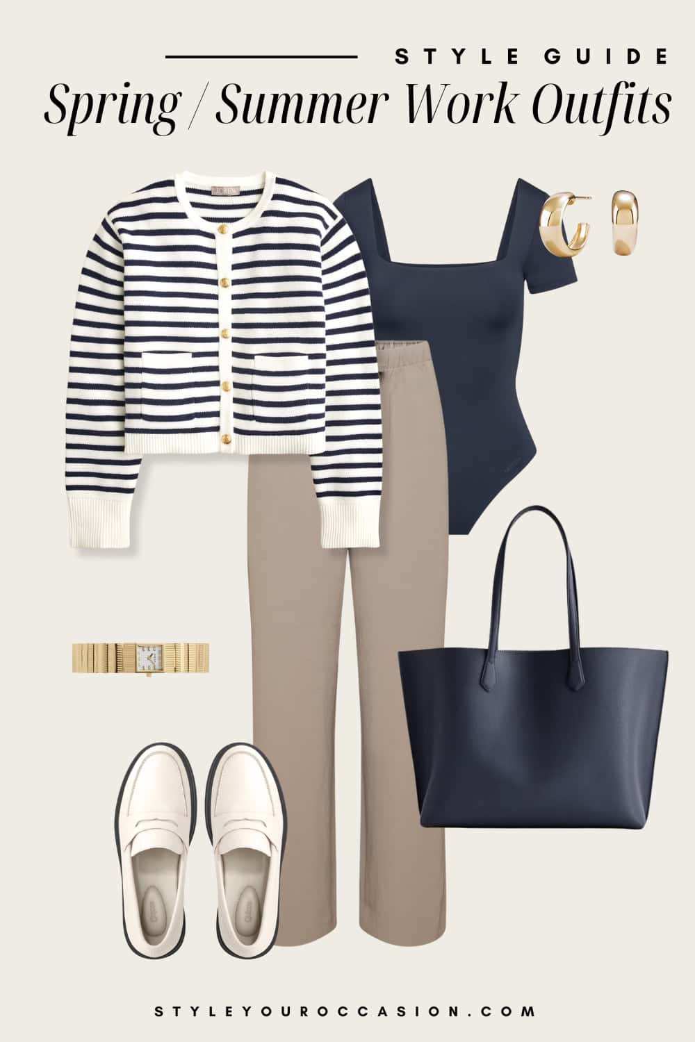 Flat lay outfit graphic of trousers, a navy bodysuit, a white and navy cardigan and loafers
