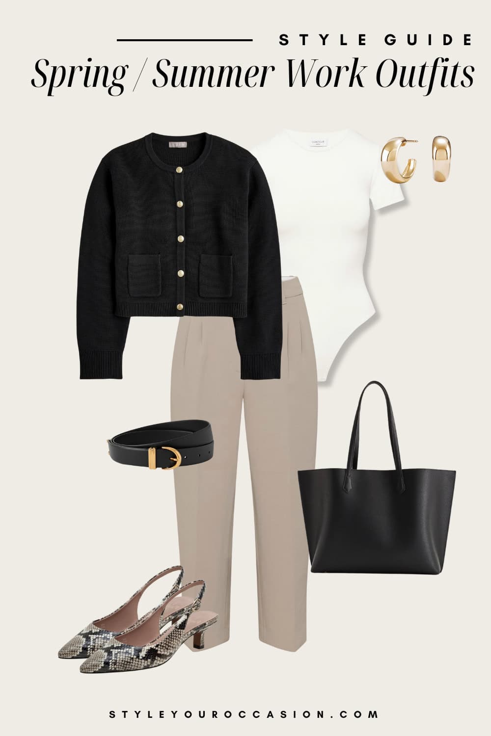 Flat lay outfit graphic of trousers, a white bodysuit, a black cardigan and snakeskin heels.
