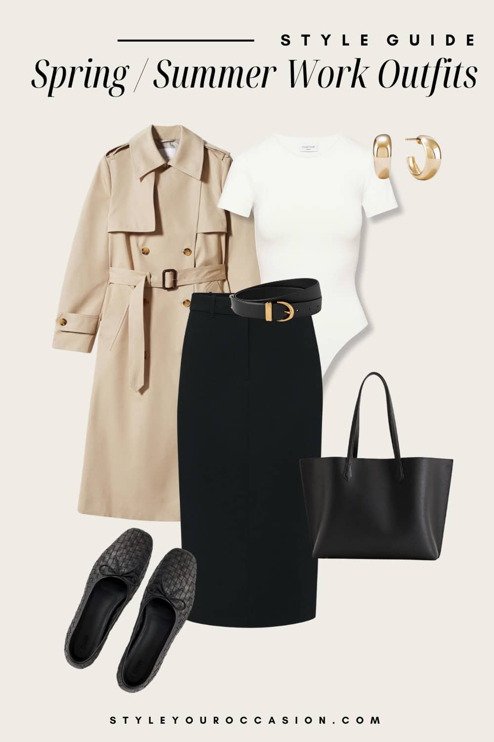 Flat lay outfit graphic of a black pencil skirt, a white bodysuit and a trench coat with black flats.