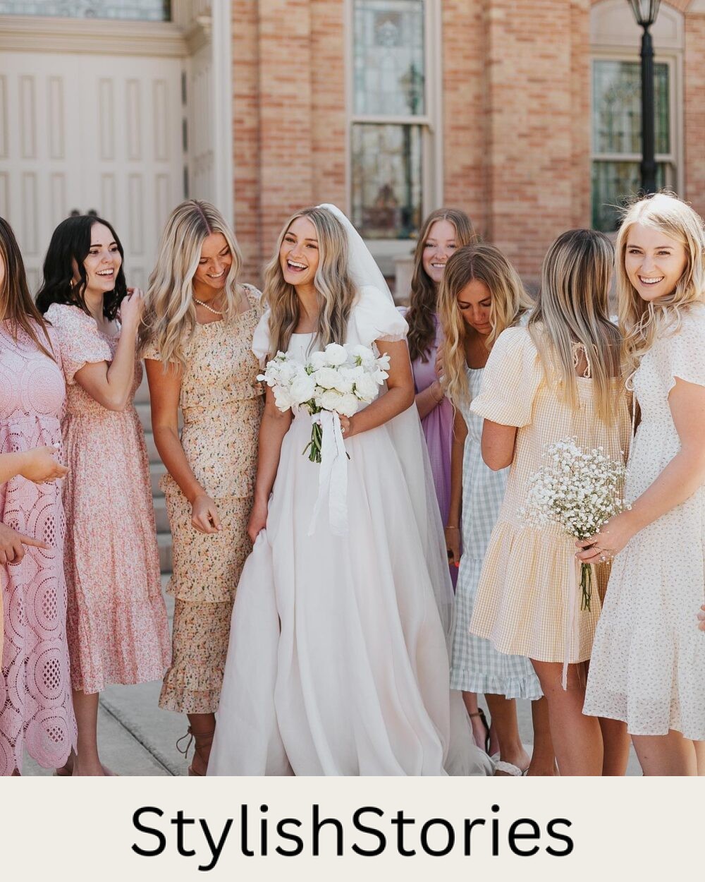 image of a group of women at a wedding wearing pretty dresses next to a beautiful bride