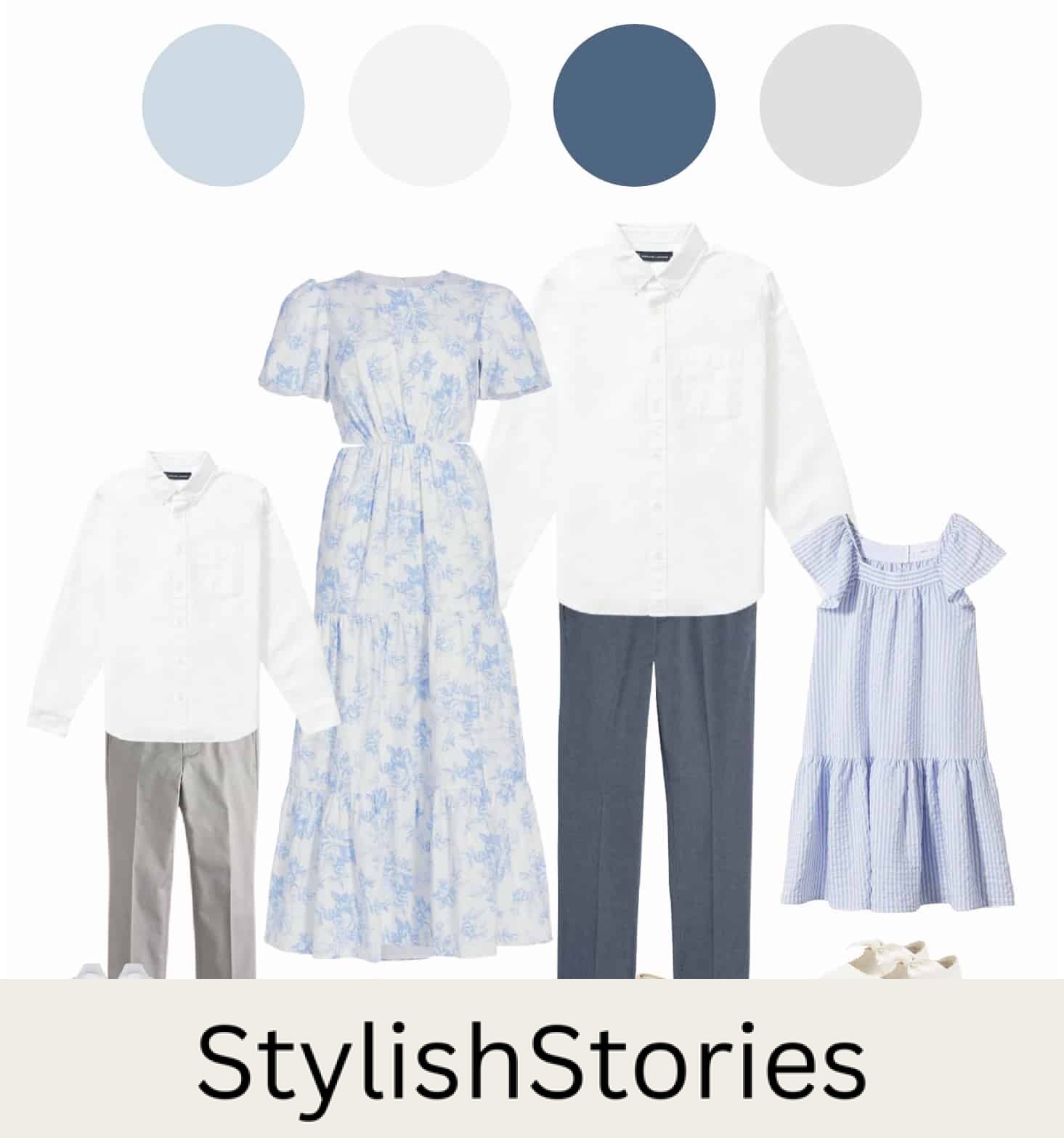 mood board of a family photo outfit guide with light blue colors and whites