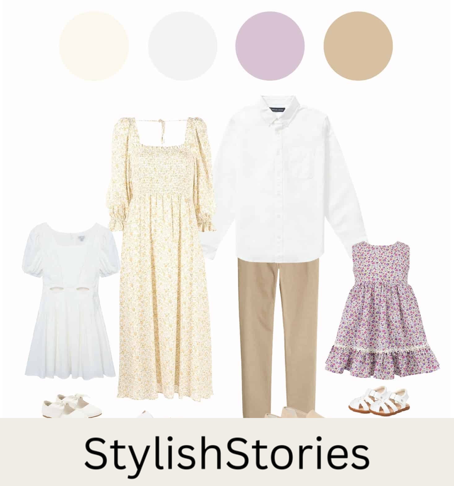 mood board of a family photo outfit guide with yellow, purple, and whites with floral patterns