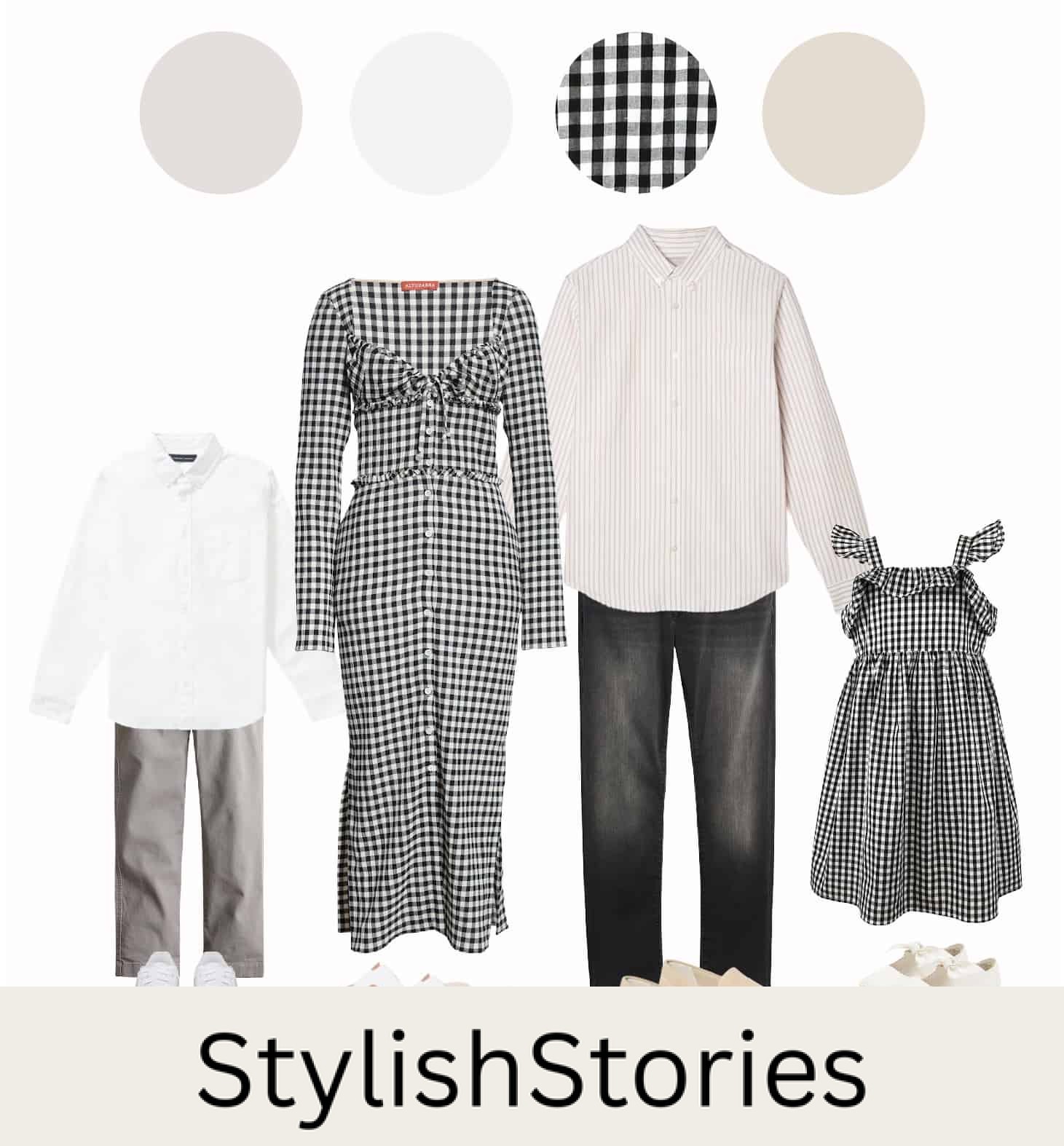 mood board of a family photo outfit guide with black and white gingham and neutrals