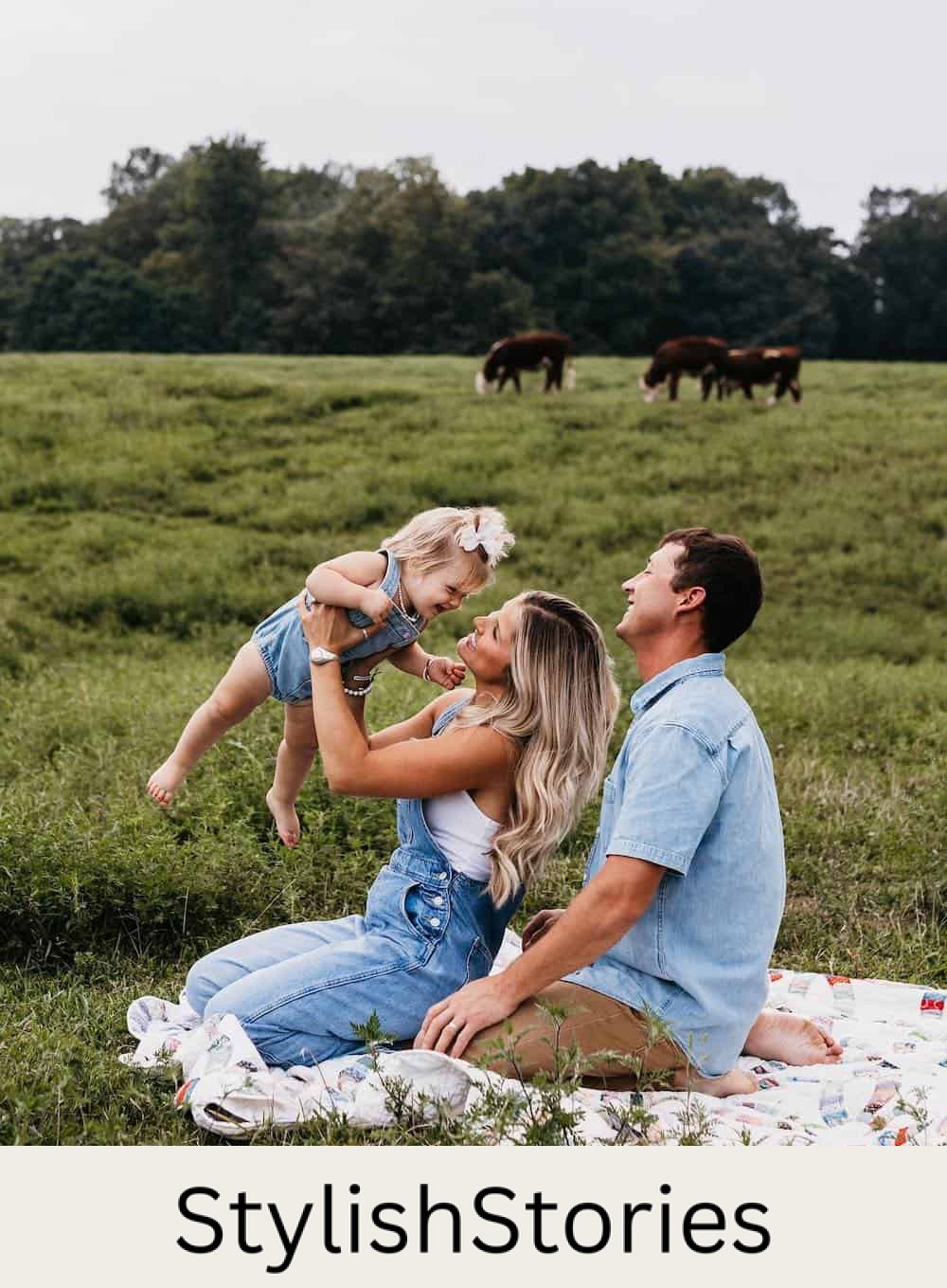 a summer family photo shoot with a mom, dad, and baby girl wearing casual denim pieces like overalls, rompers, and shirts