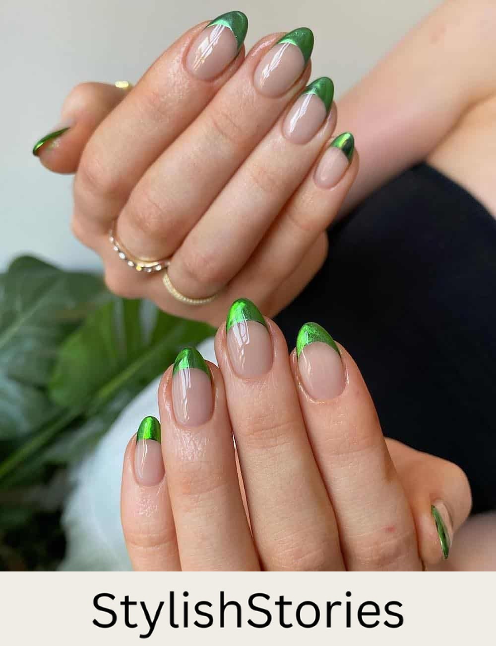 short round nude nails with bright chrome green tips