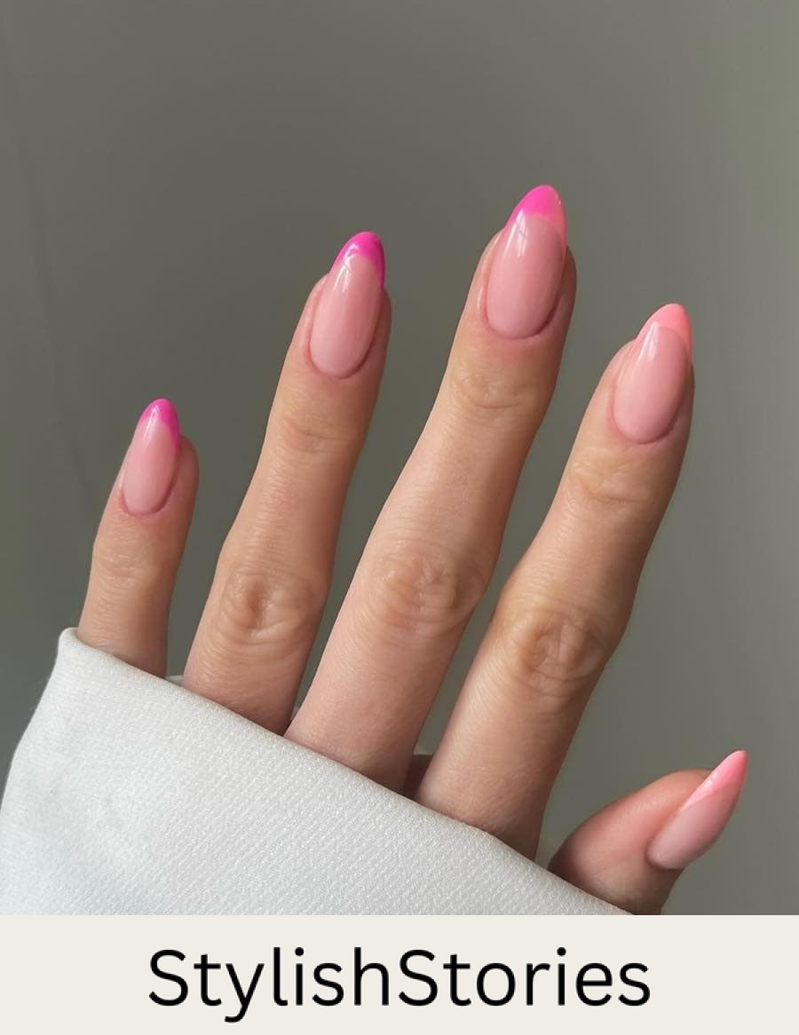 Medium nude almond nails with ombre pink to peach French tips
