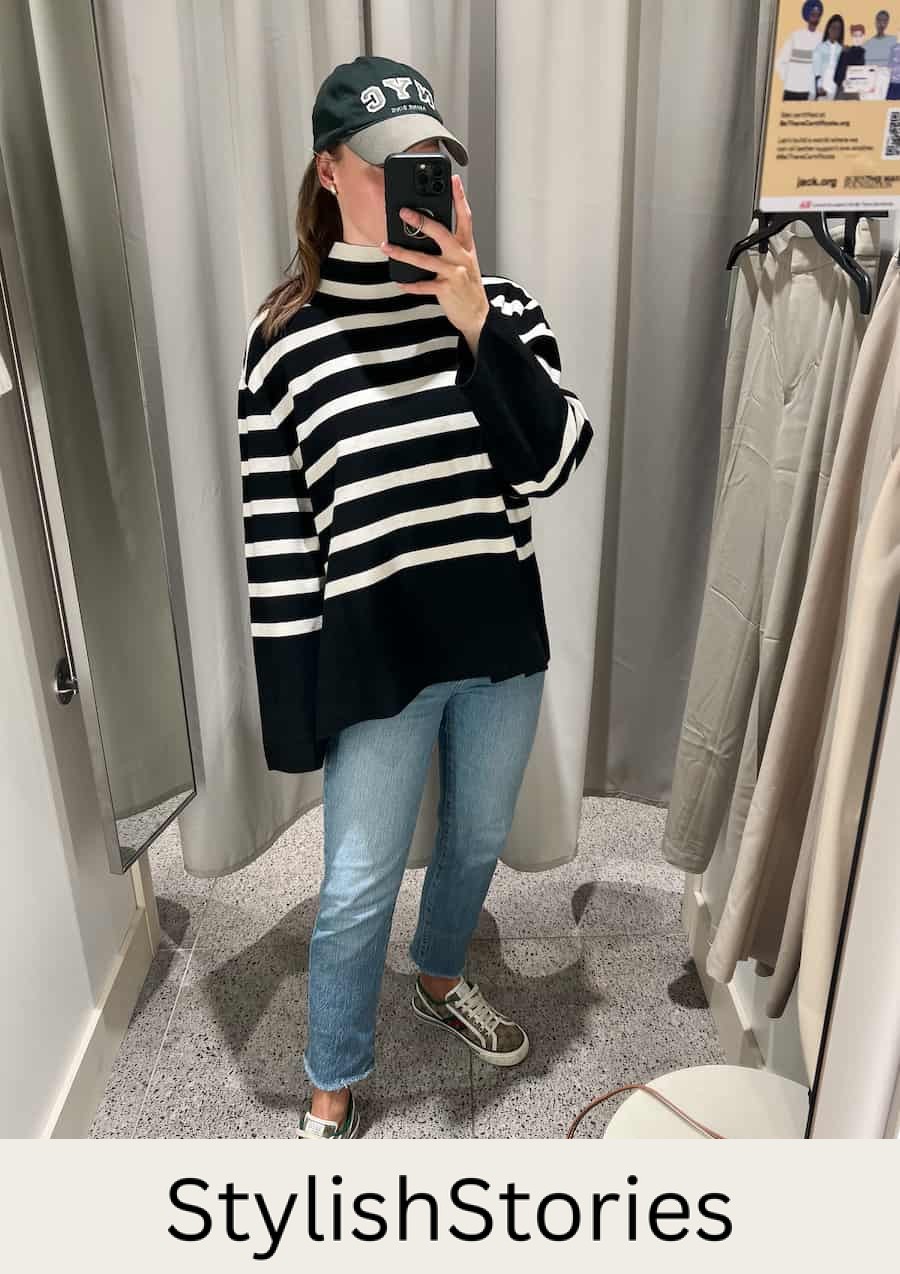 Christal wearing a striped Toteme dupe turtleneck sweater at H&M with jeans and sneakers