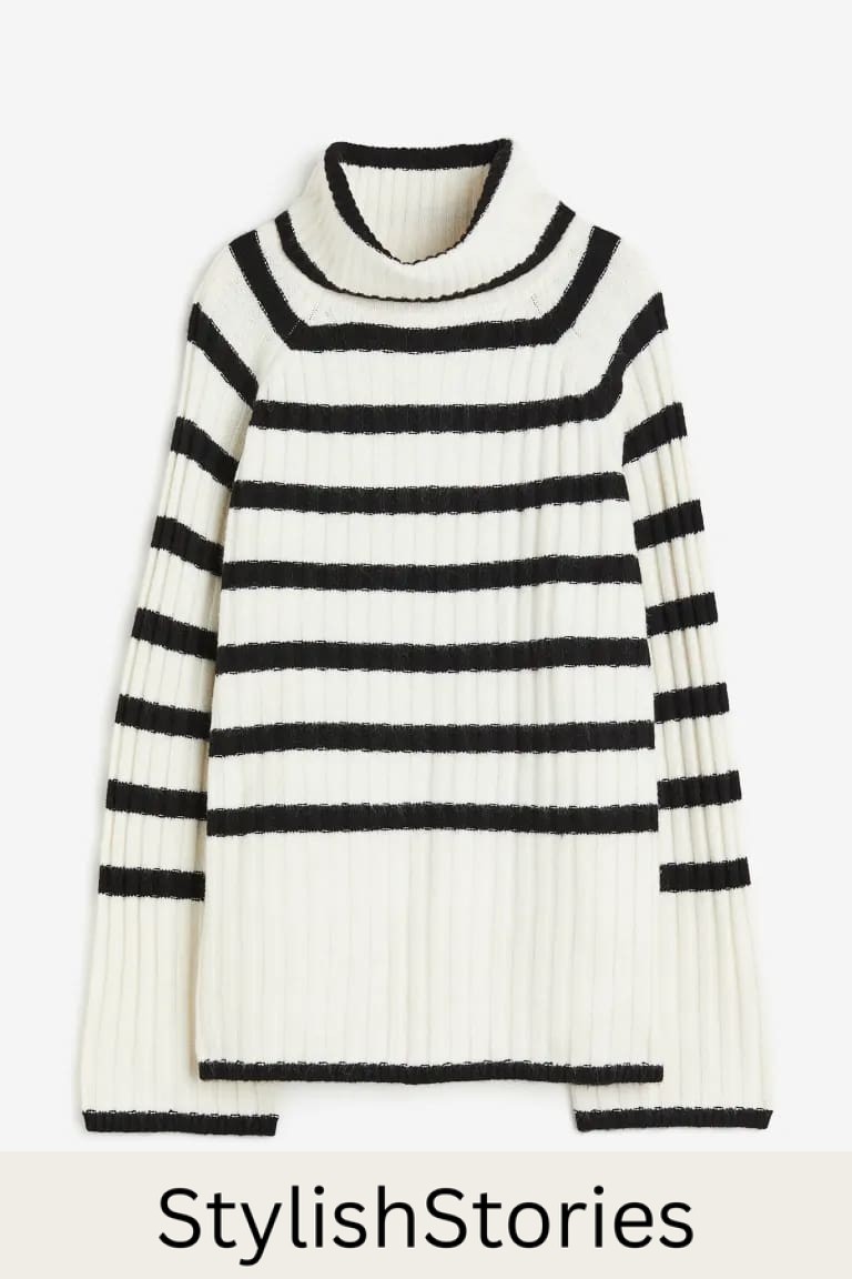 image of a white and black striped turtleneck sweater that is a lookalike of the Toteme sweater