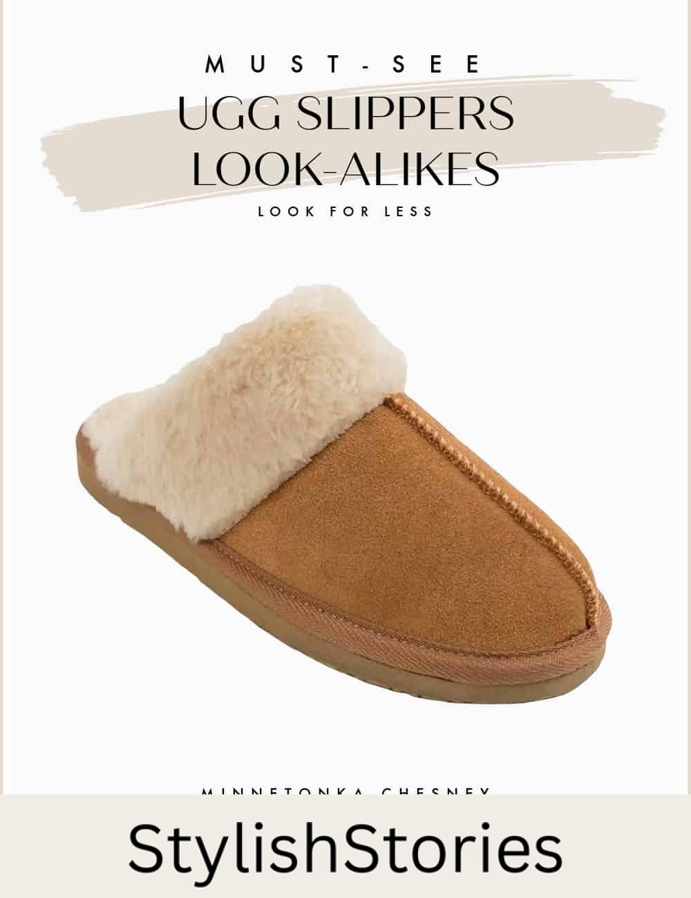 An image board of the Chesney mule slippers from Minnetonka as a dupe for Ugg Coquette slippers