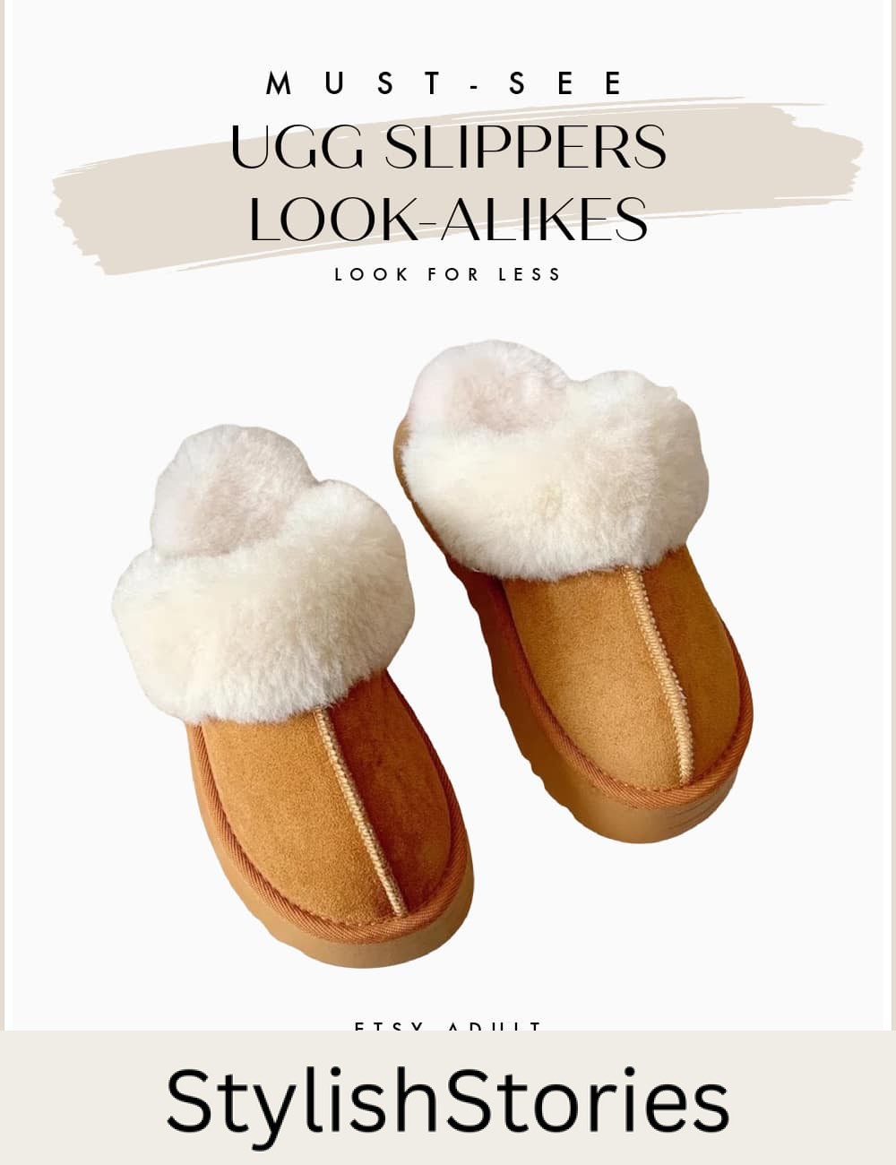 An image board of the adult fluffy slippers from Etsy as a dupe for Ugg slippers